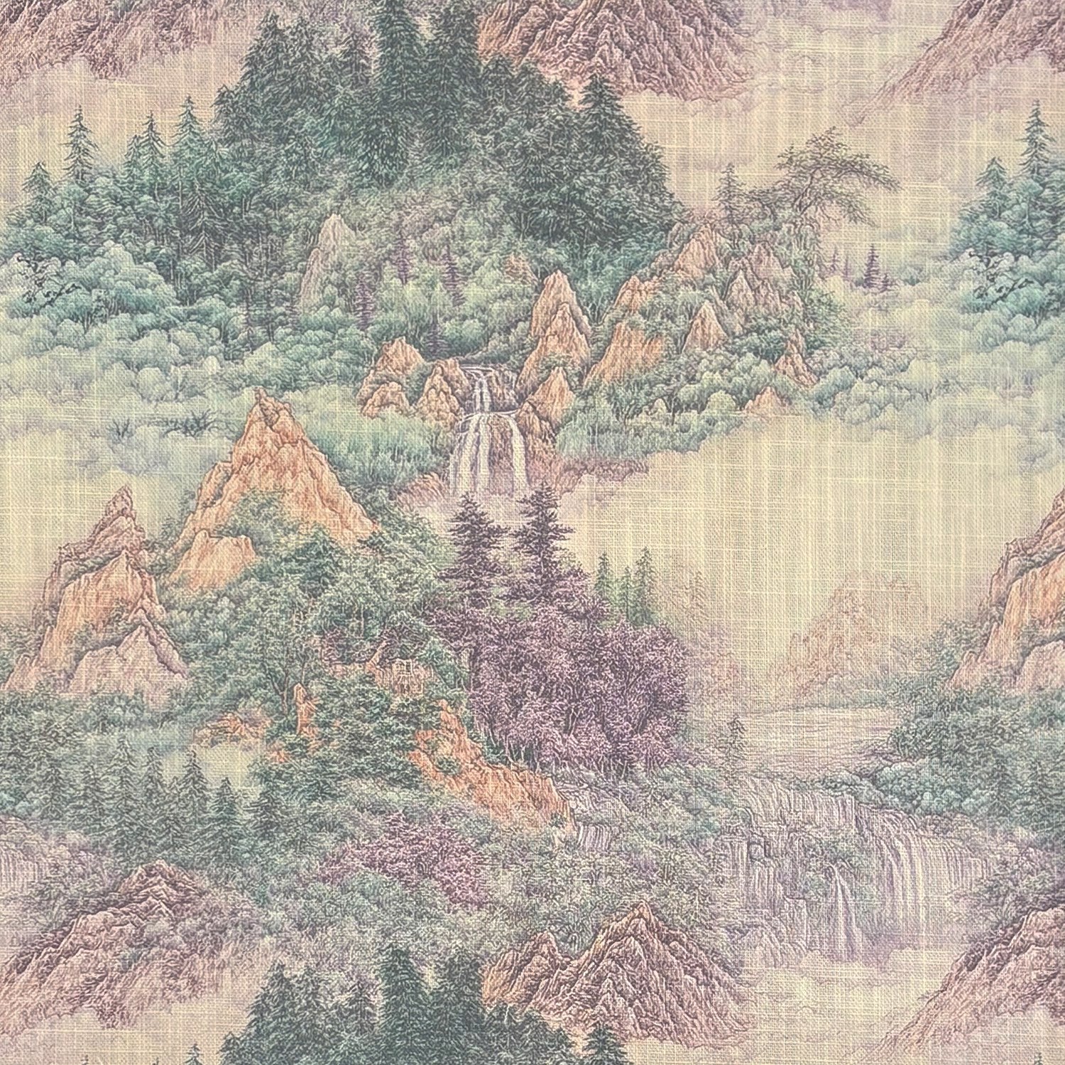 Scenic No.9 scenic print upholstery fabric in lilac and green – flat lay texture view