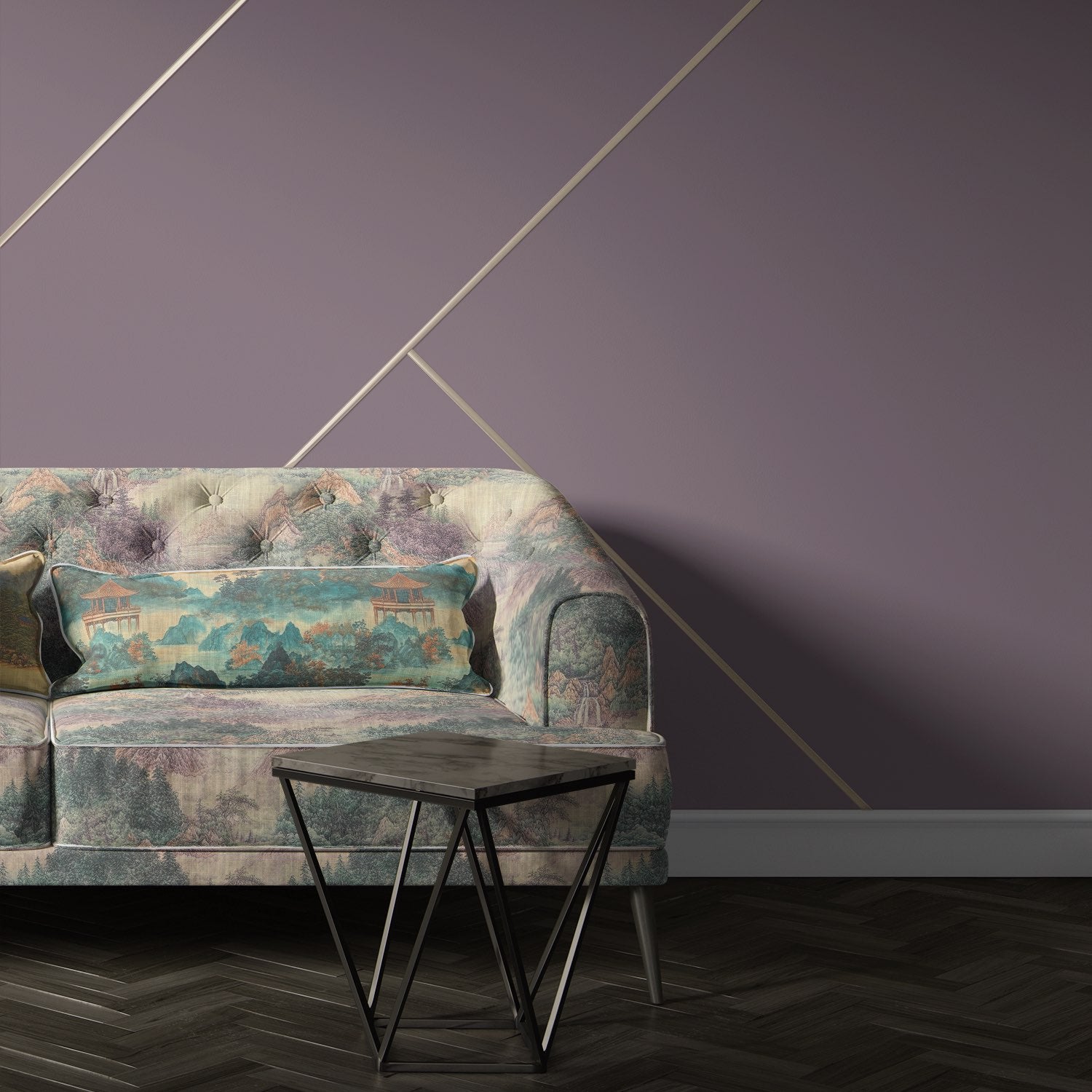Scenic No.9 scenic print upholstery fabric styled on lilac tufted sofa