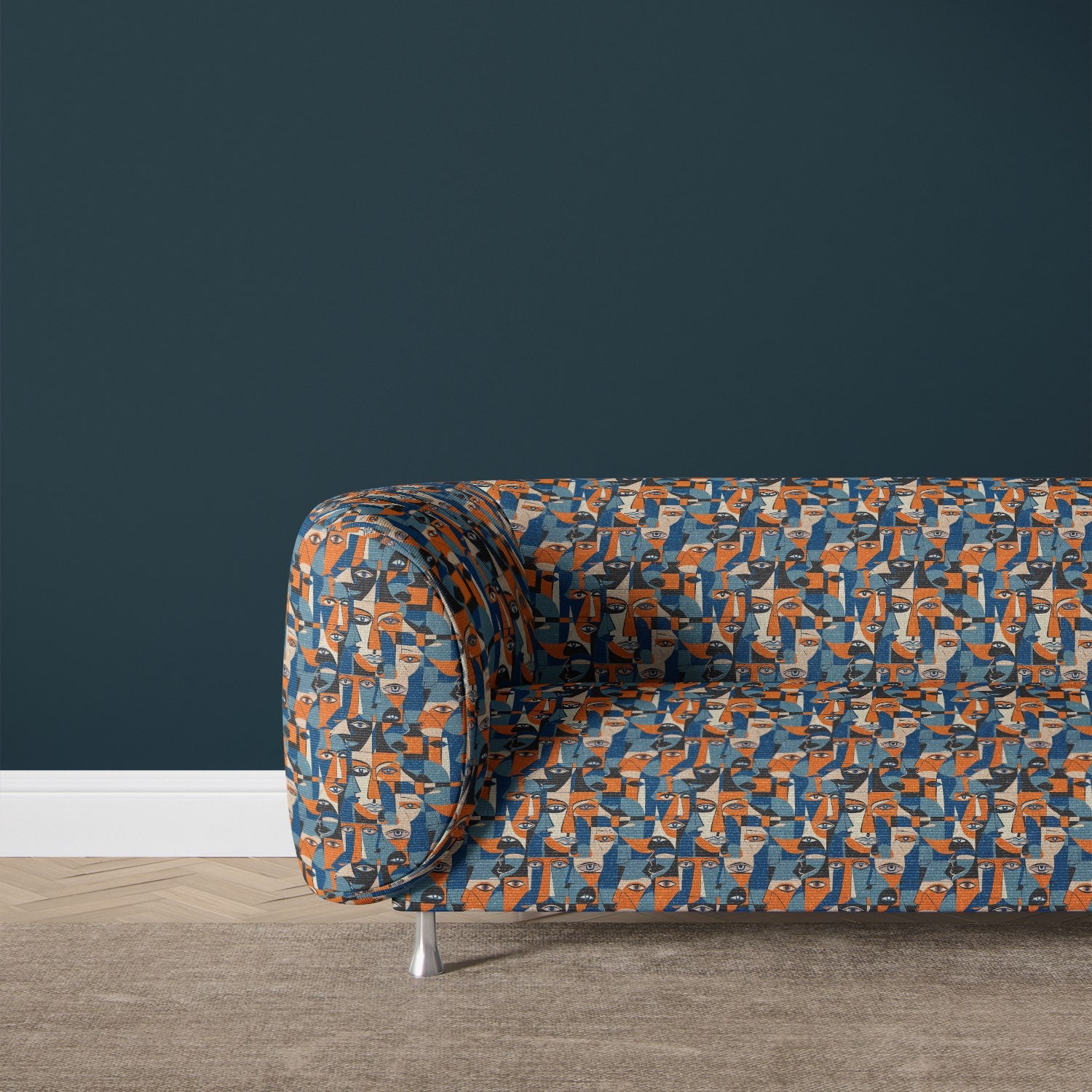 Chair upholstered in abstract blue and orange portrait fabric