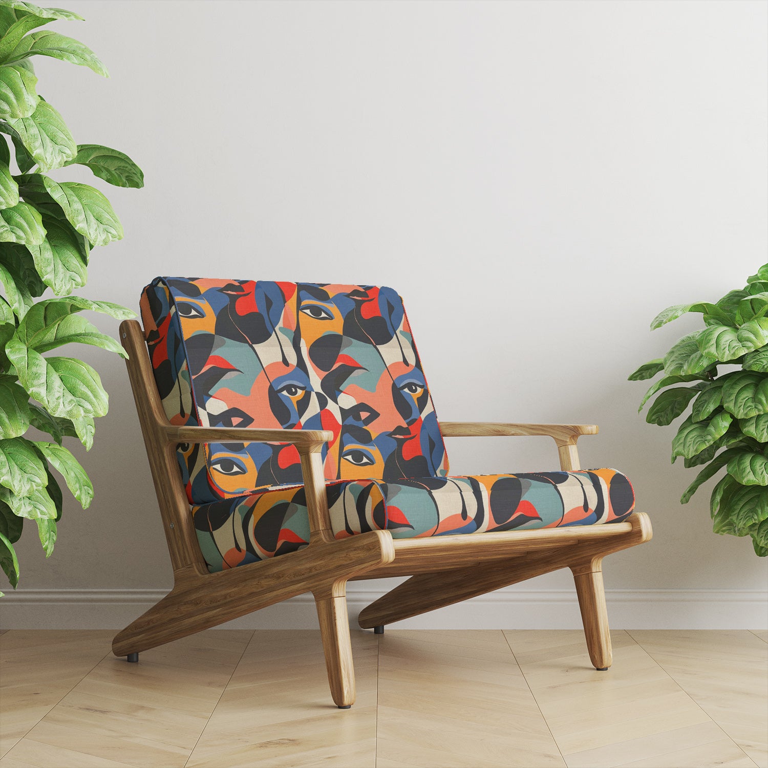 Artistic cubist fabric on sofa with vivid orange, blue, and cream shapes