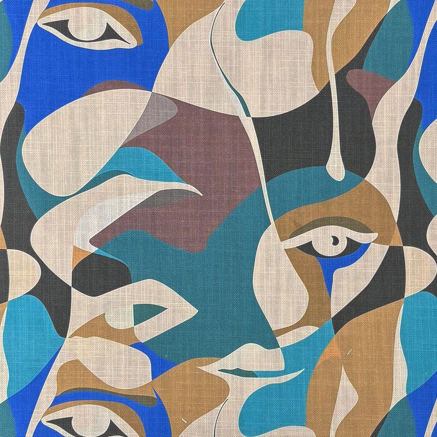 Flat fabric image of Sculpture No.13 cubist abstract faces upholstery fabric in blue, teal, and ochre