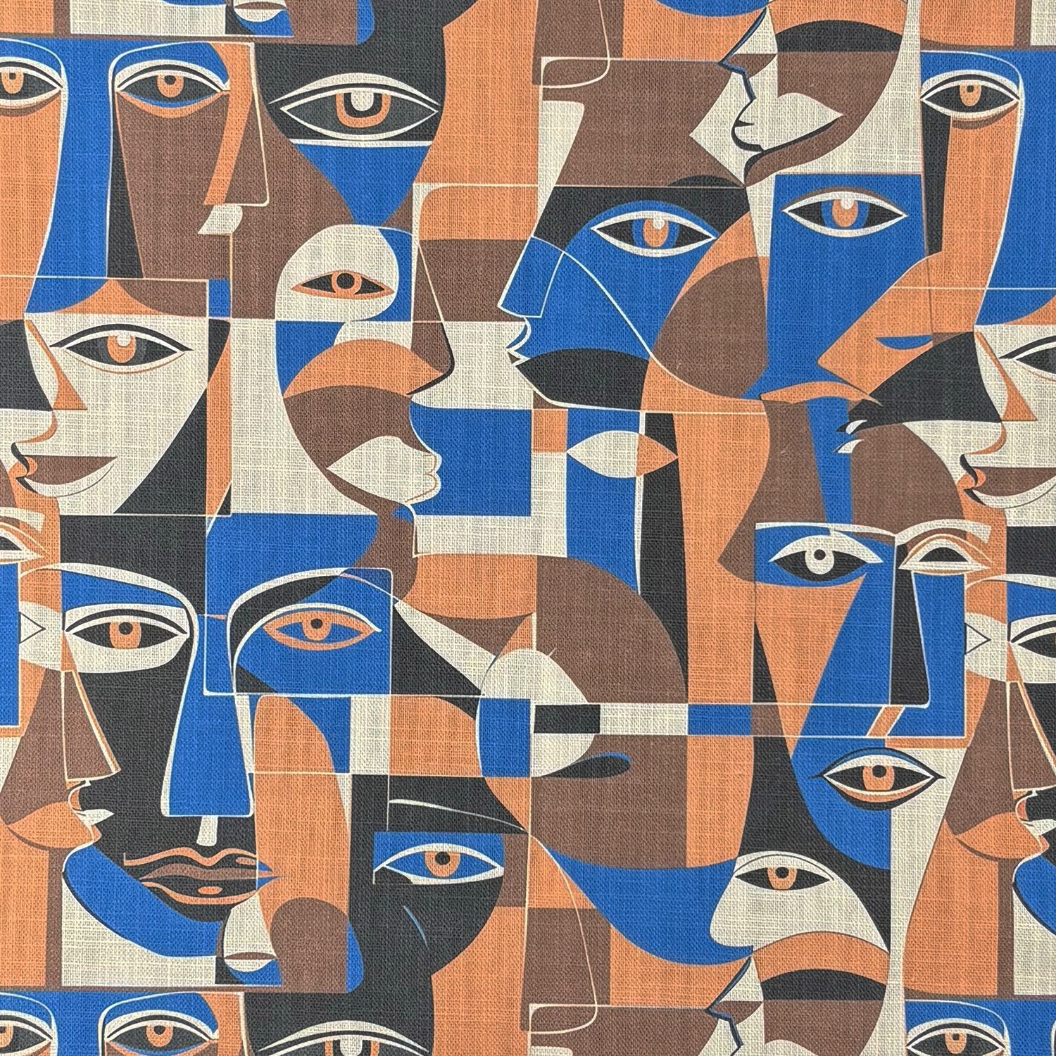 Close-up of Sculpture No.14 cubist patterned upholstery fabric in terracotta and blue