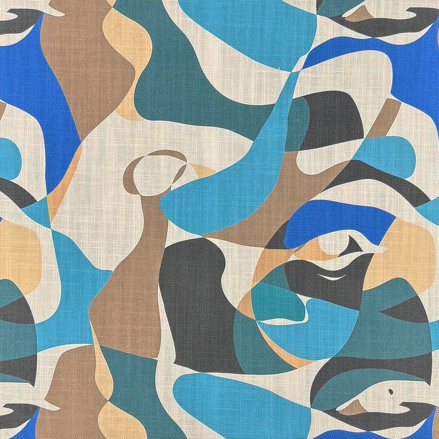 Flat swatch of Sculpture No.15 abstract multicoloured upholstery fabric in blue, camel, and charcoal