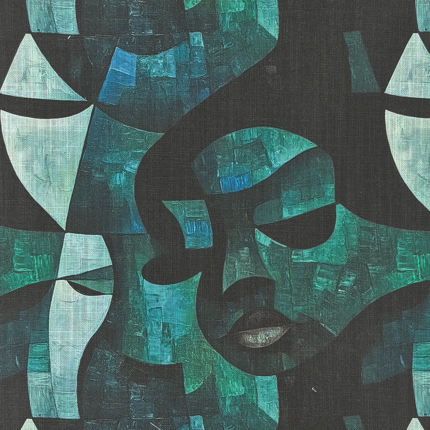 Close-up of Sculpture No.17 Upholstery Fabric showing abstract cubist face pattern in green tones