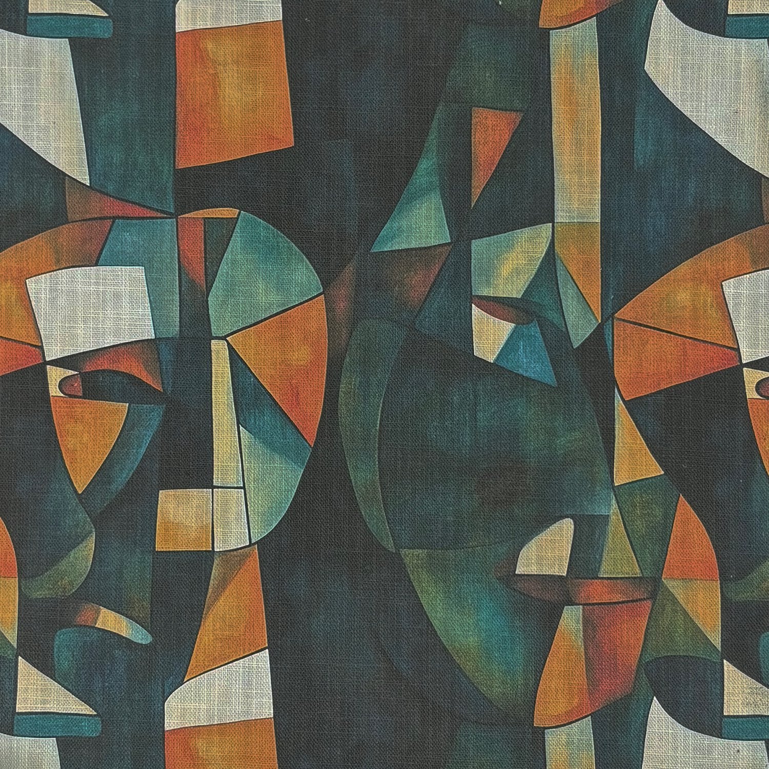 Close-up of Sculpture No.22 abstract cubist faces pattern upholstery fabric