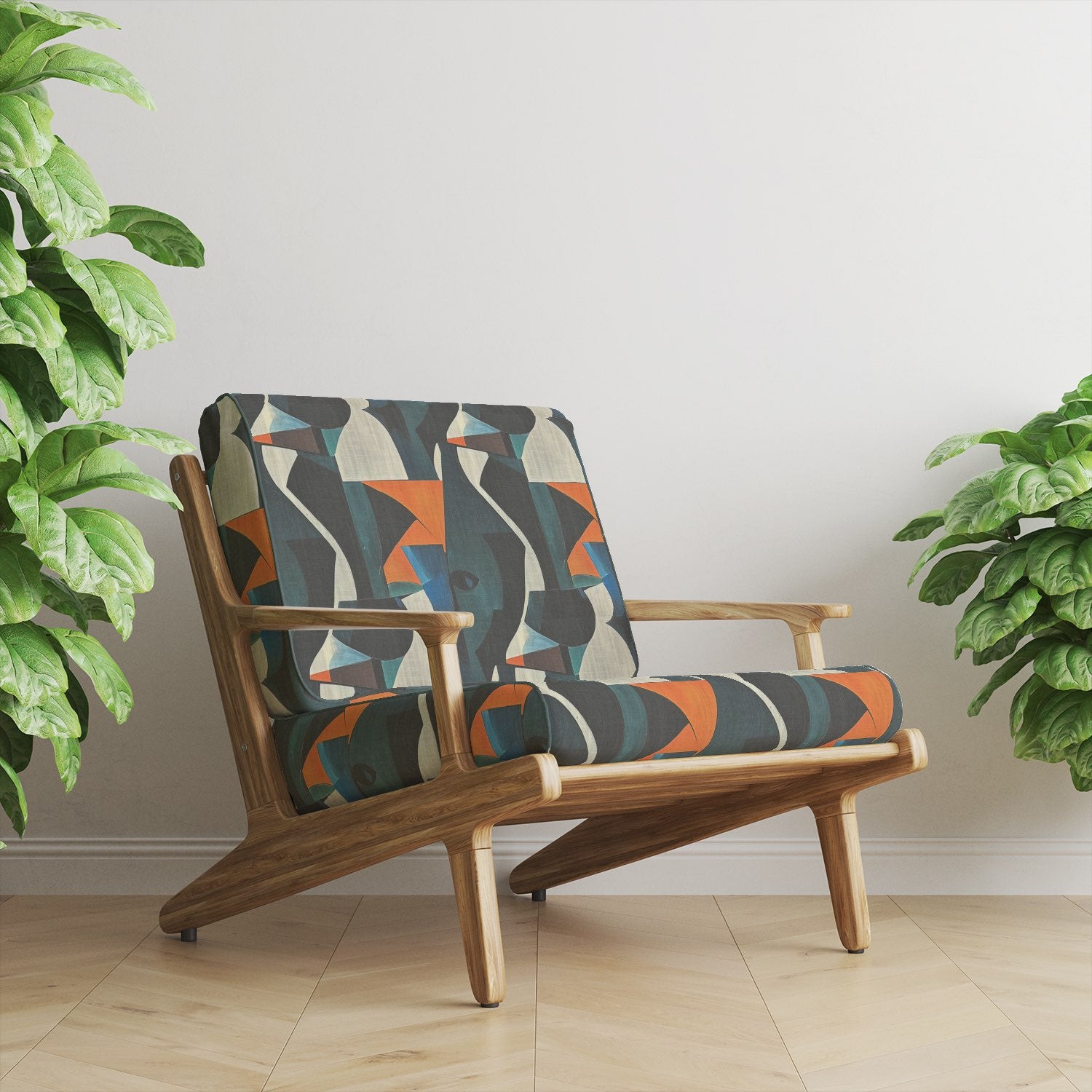 Sculpture No.23 modernist geometric upholstery fabric on armchair