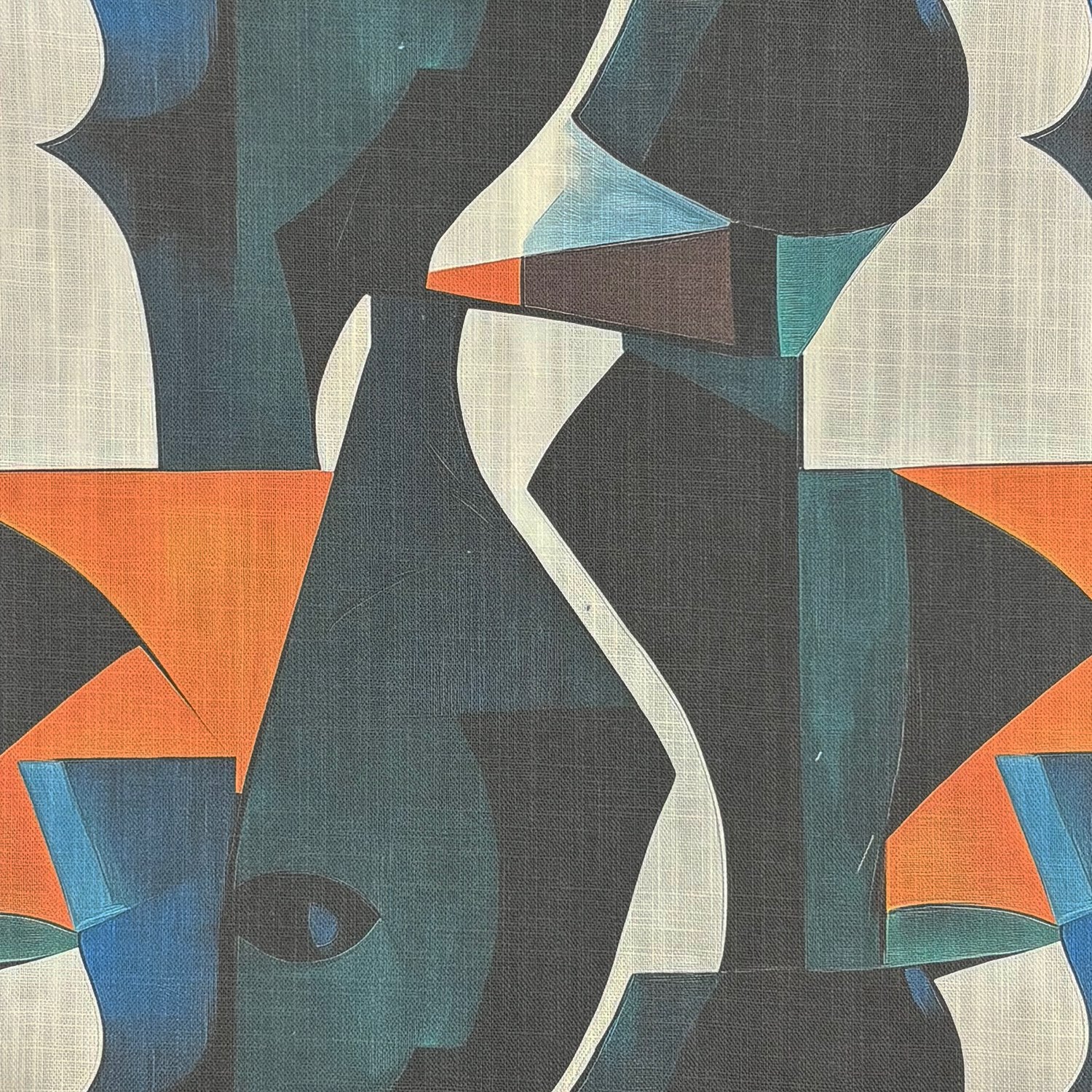 Close-up of Sculpture No.23 abstract patterned upholstery fabric in teal, orange, and charcoal