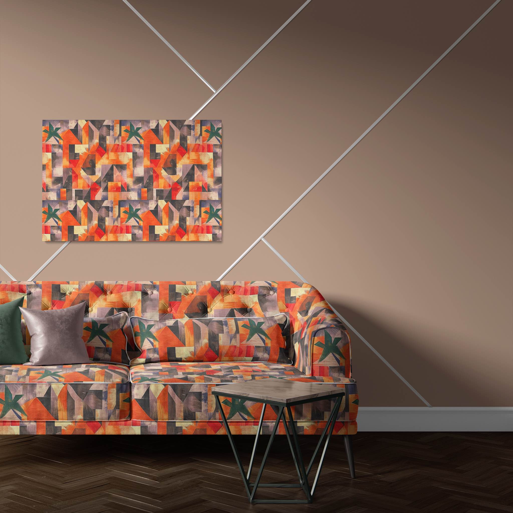 Sculpture No.3 upholstery fabric used on armchair with layered geometric shapes
