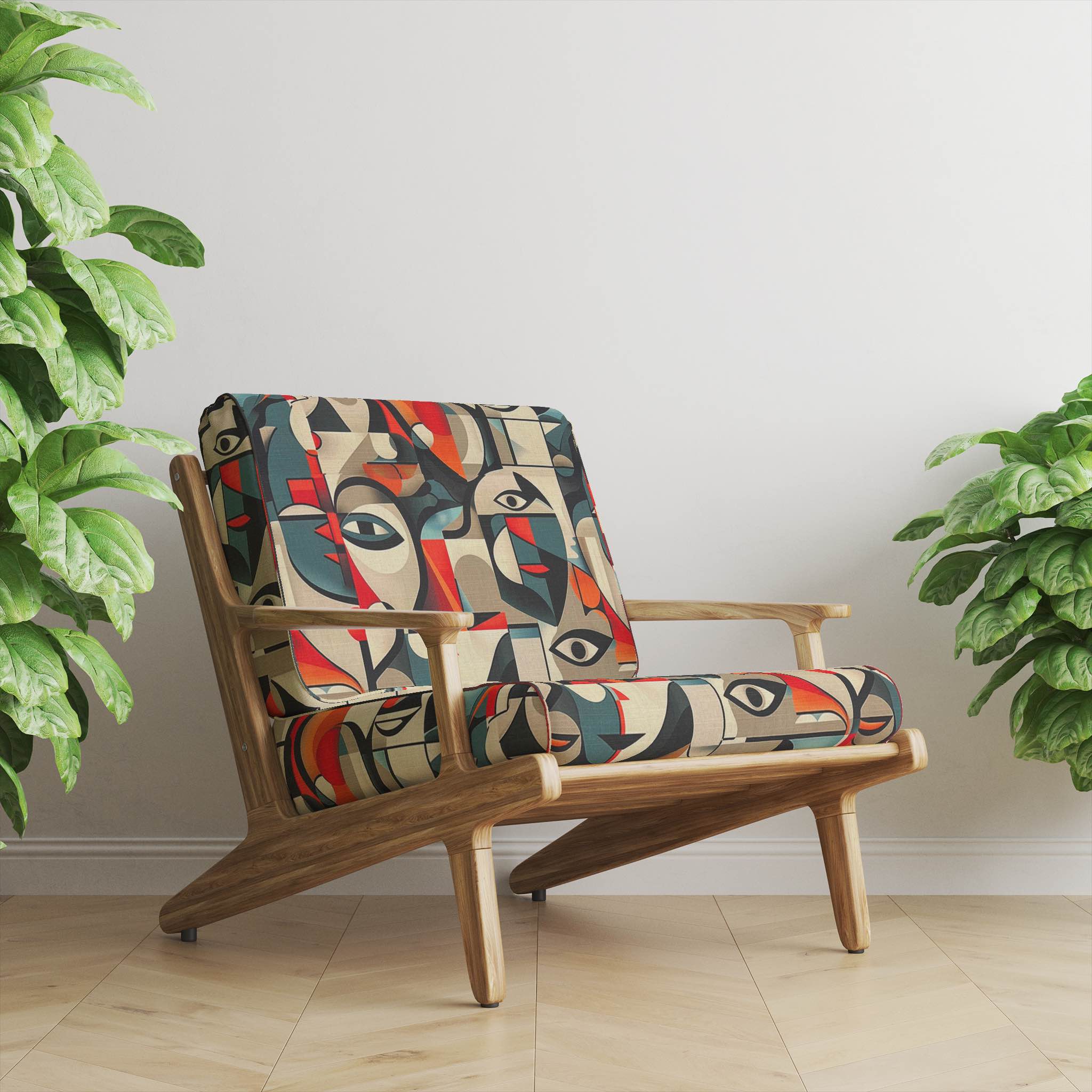 Upholstered armchair in statement cubist fabric with bold face design