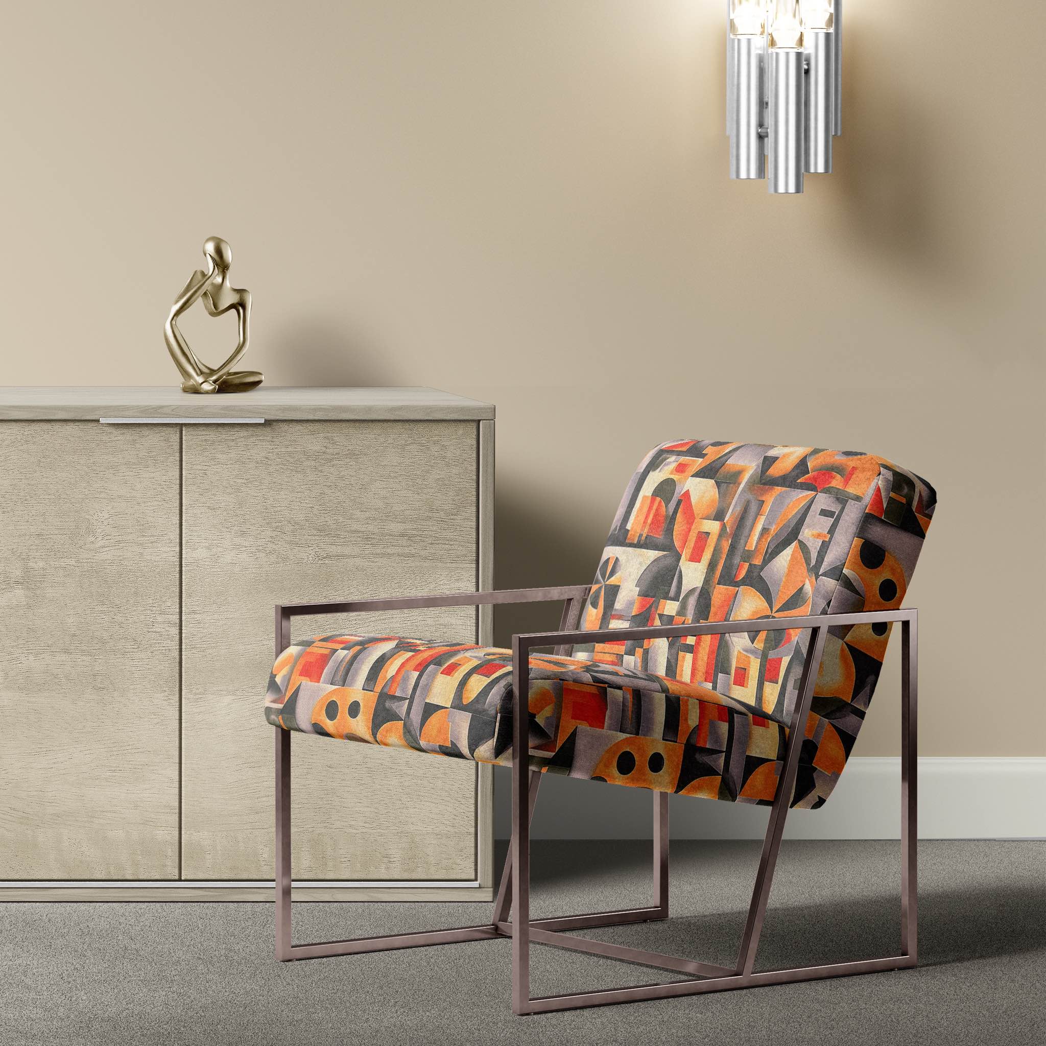 Chair upholstered in sculptural fabric with warm orange tones