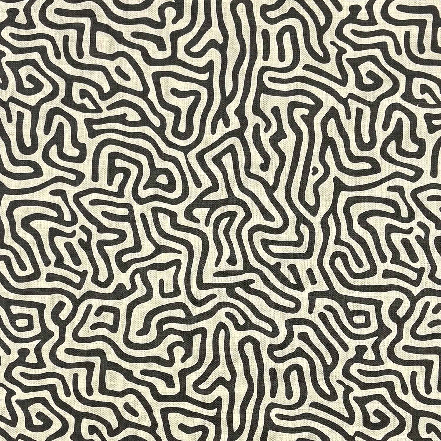 Black linen curtain fabric with abstract maze style linework printed on textured natural cream linen basecloth