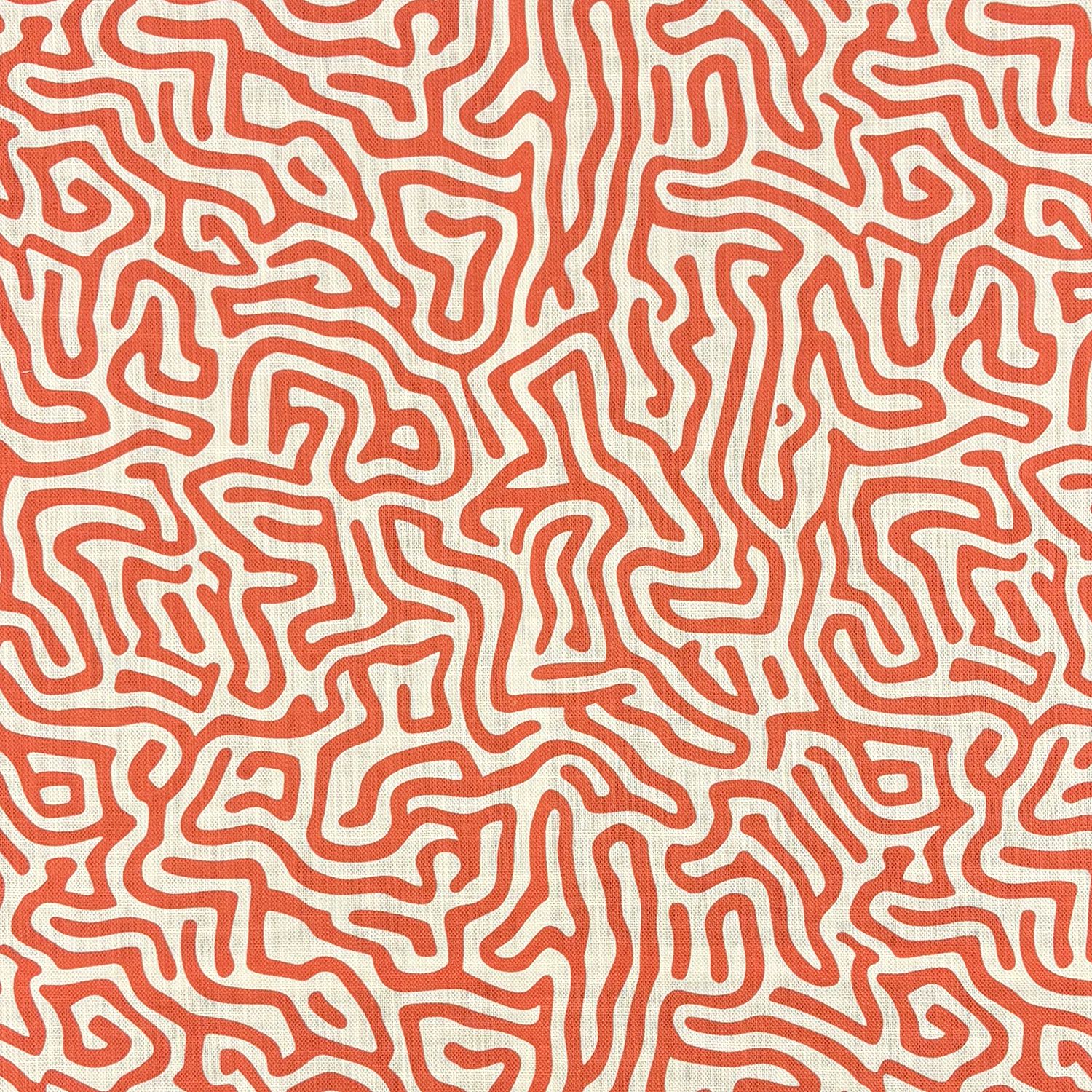 Orange linen curtain fabric with abstract flowing line pattern printed on textured natural linen basecloth