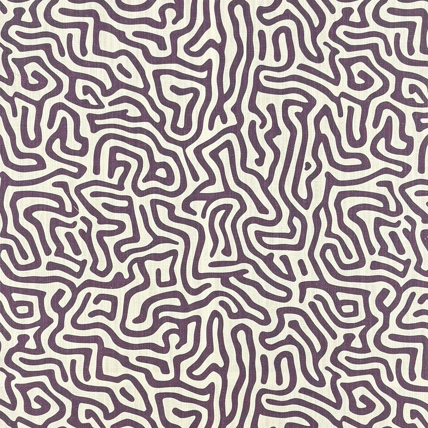 Purple abstract printed linen curtain fabric with flowing maze inspired line pattern on natural textured linen basecloth