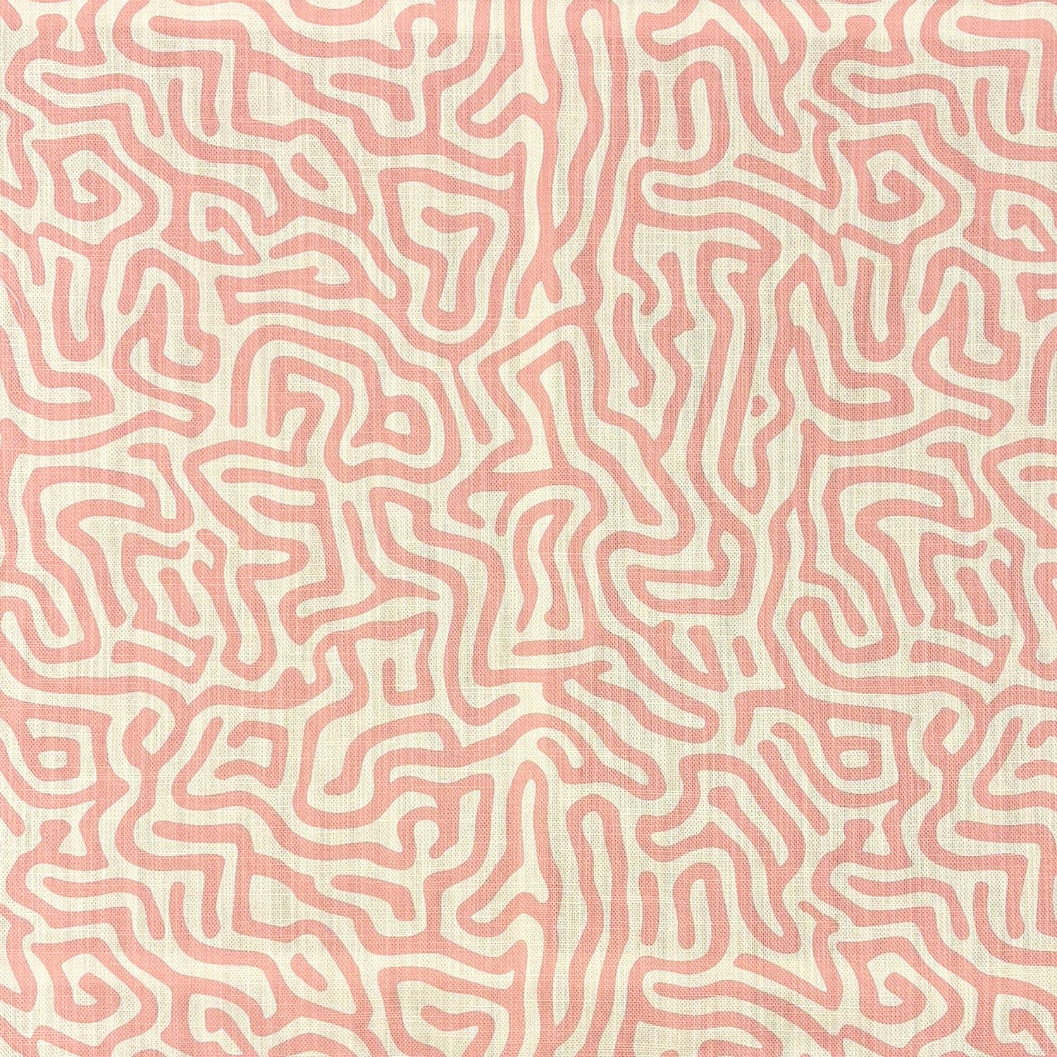 Blush pink abstract printed linen curtain fabric with flowing maze inspired linework on natural textured linen basecloth