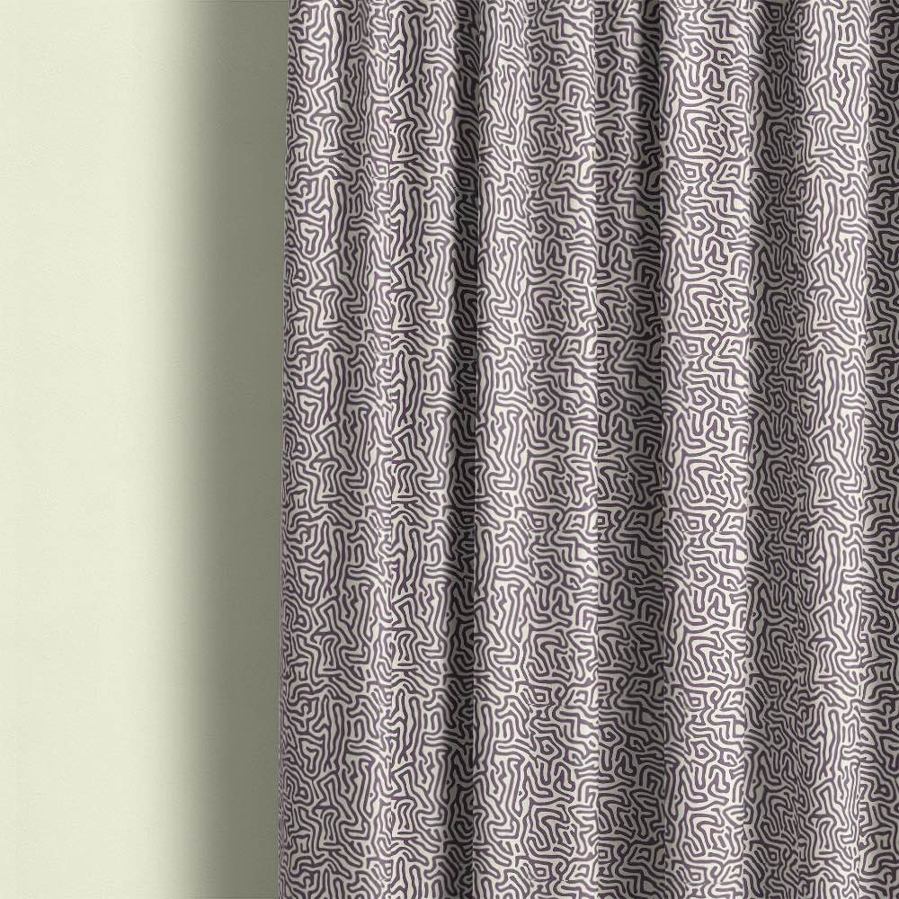 Contemporary purple linen curtain fabric featuring organic abstract printed linework in elegant modern interior setting