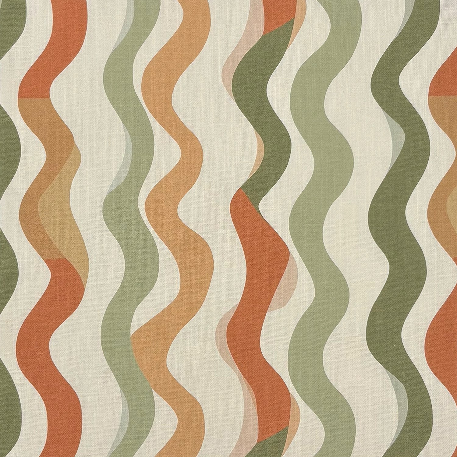 Striped No.13 patterned striped upholstery fabric swatch in orange, ochre, and green tones