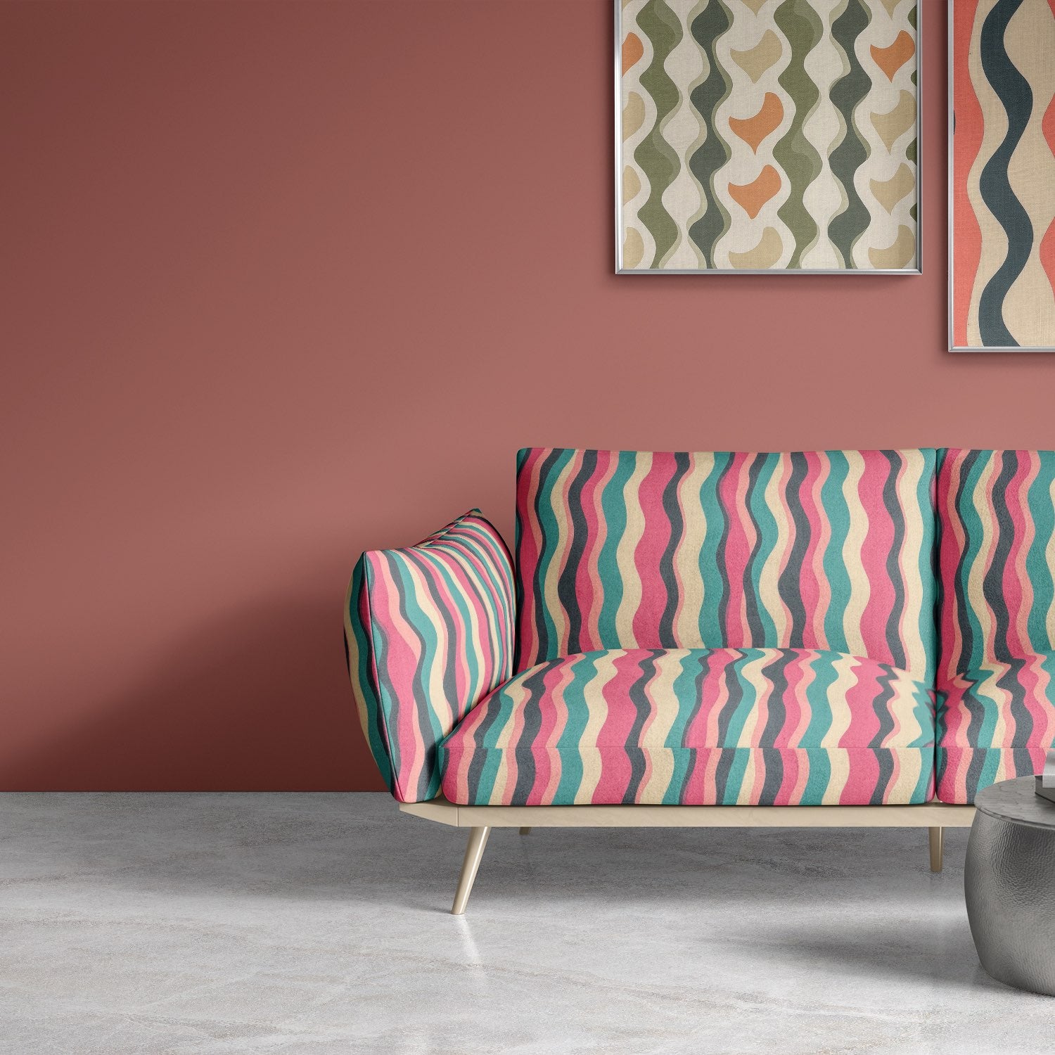 Striped No.16 sofa upholstered in multicoloured striped upholstery fabric