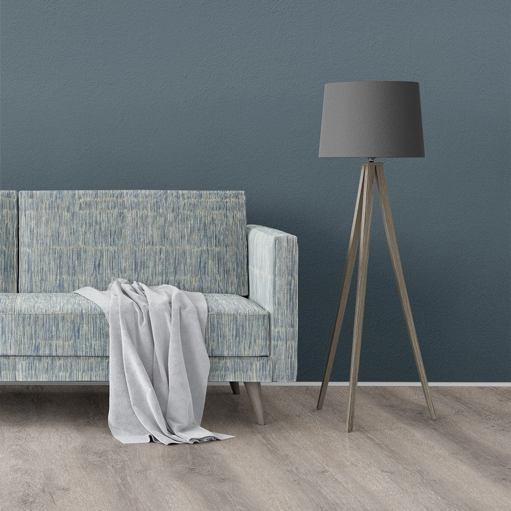 Striped No.23 room set with sofa upholstered in blue and ivory striped upholstery fabric in a painterly, textured style