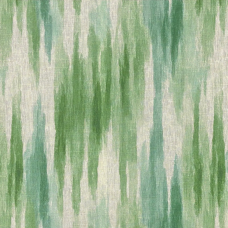 Flat lay of Striped No.25 green striped upholstery fabric with painterly abstract lines in jade, lime and cream.
