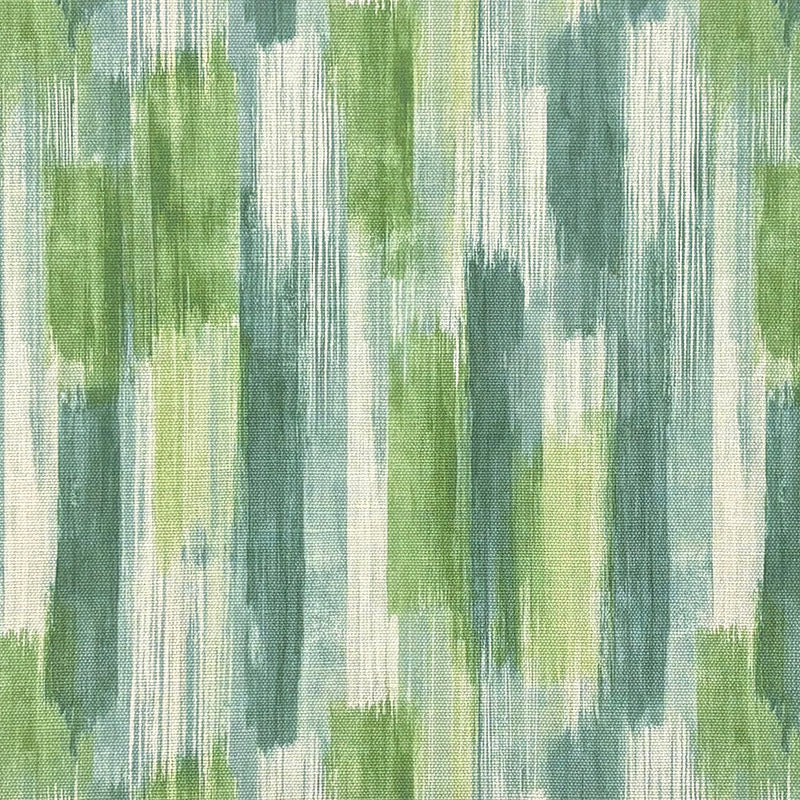 Flat fabric image showing the bold green abstract painterly stripes of Striped No.27 upholstery fabric
