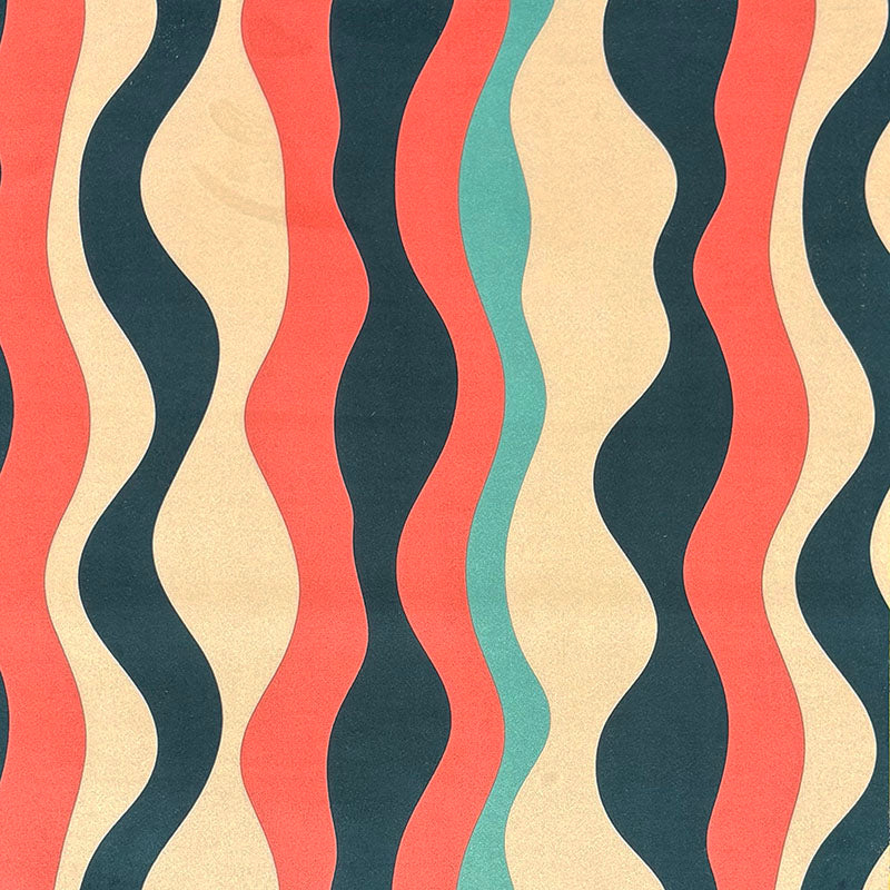 Flat view of Striped No.15 coral, teal and navy flowing wave stripe Crib5 velvet upholstery fabric