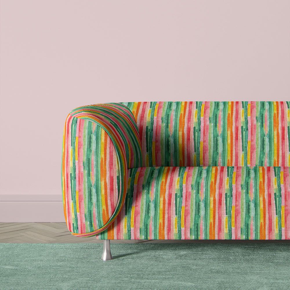 Luxury sofa upholstered in Striped No.17 green, coral pink, ochre and orange painted stripe Crib5 printed velvet
