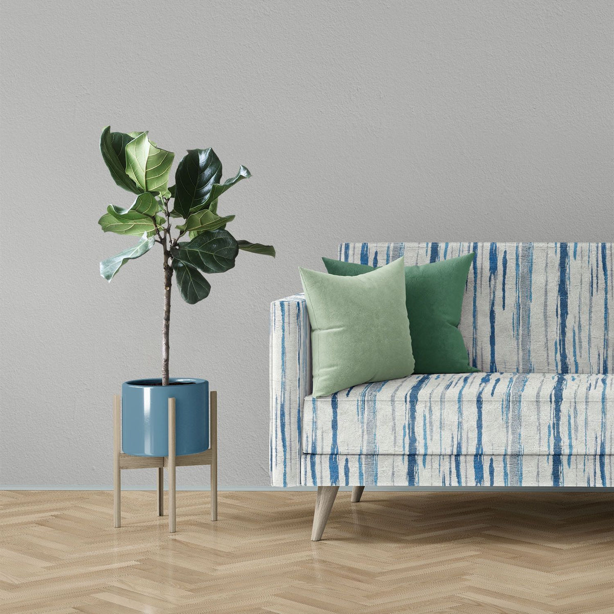 Luxury sofa upholstered in Striped No.22 blue and ivory painterly stripe Crib5 printed velvet