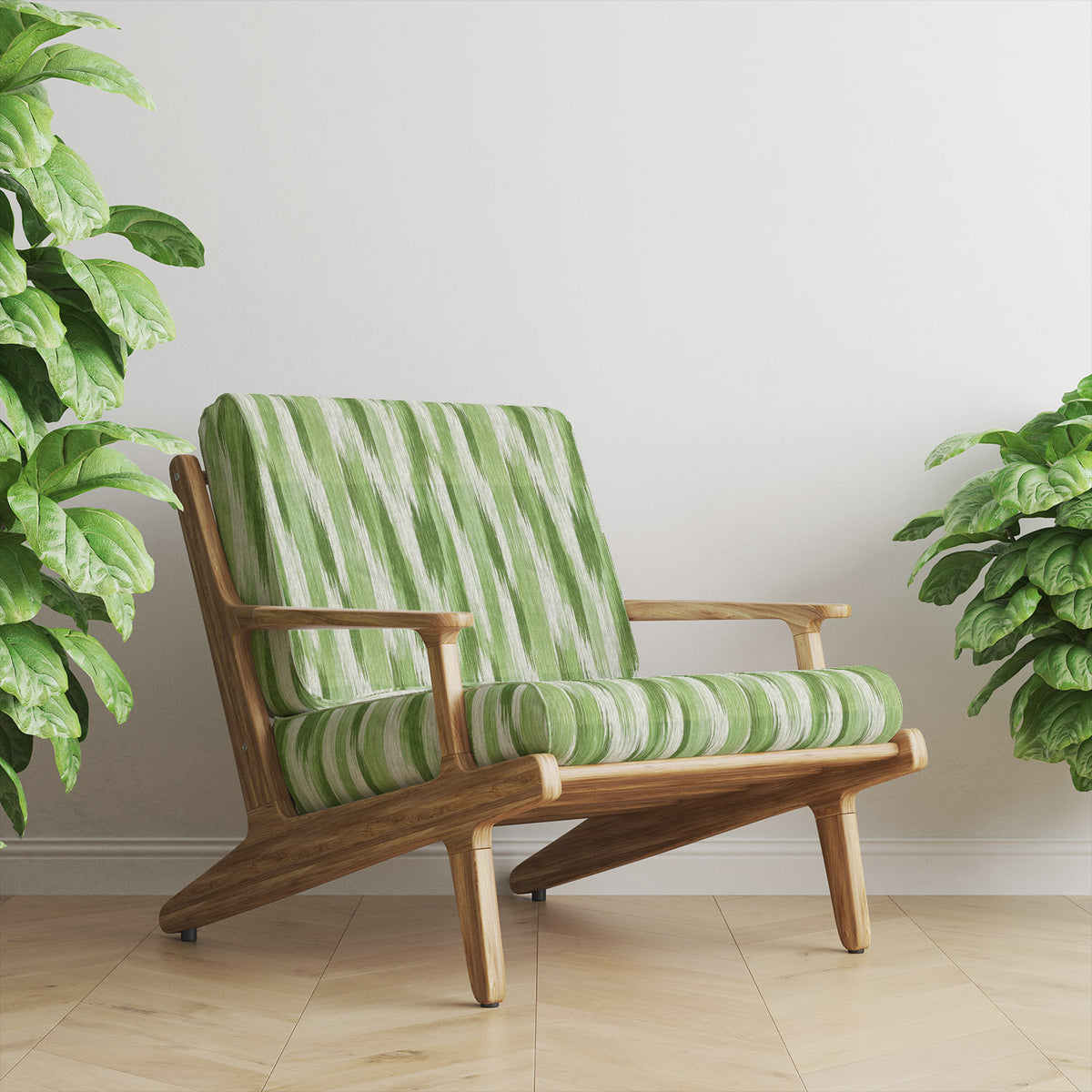 Striped No.28 olive, sage and leafy green linear stripe Crib5 velvet upholstery fabric shown on a statement chair