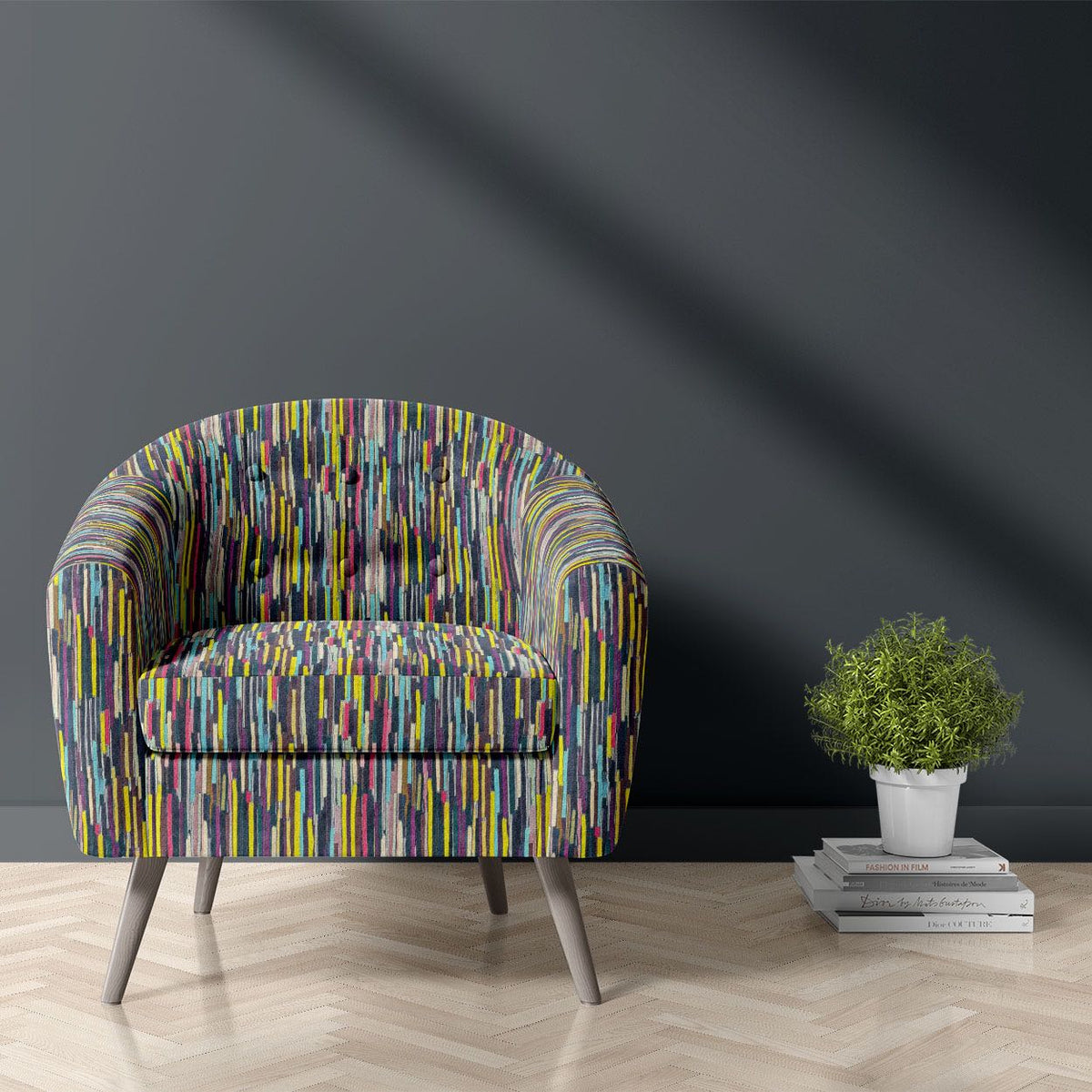 Striped No.3 teal, ochre, rose and charcoal abstract brushstroke stripe Crib5 velvet upholstery fabric shown on a statement chair