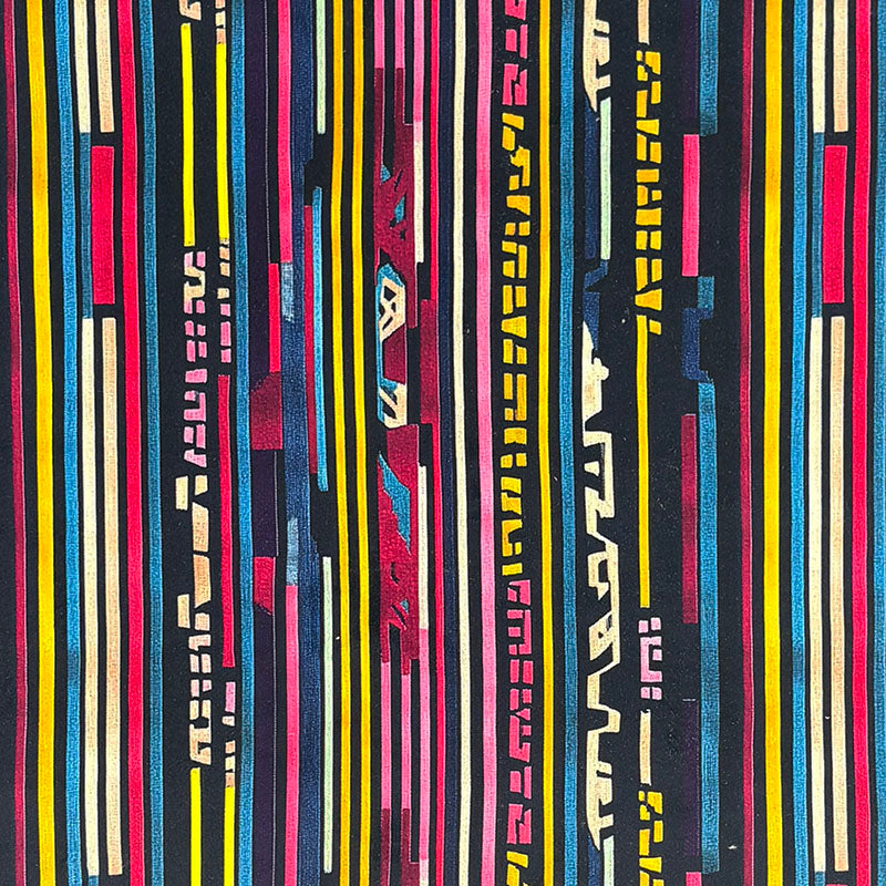 Flat view of Striped No.6 pink, mustard, blue and charcoal geometric stripe Crib5 velvet upholstery fabric