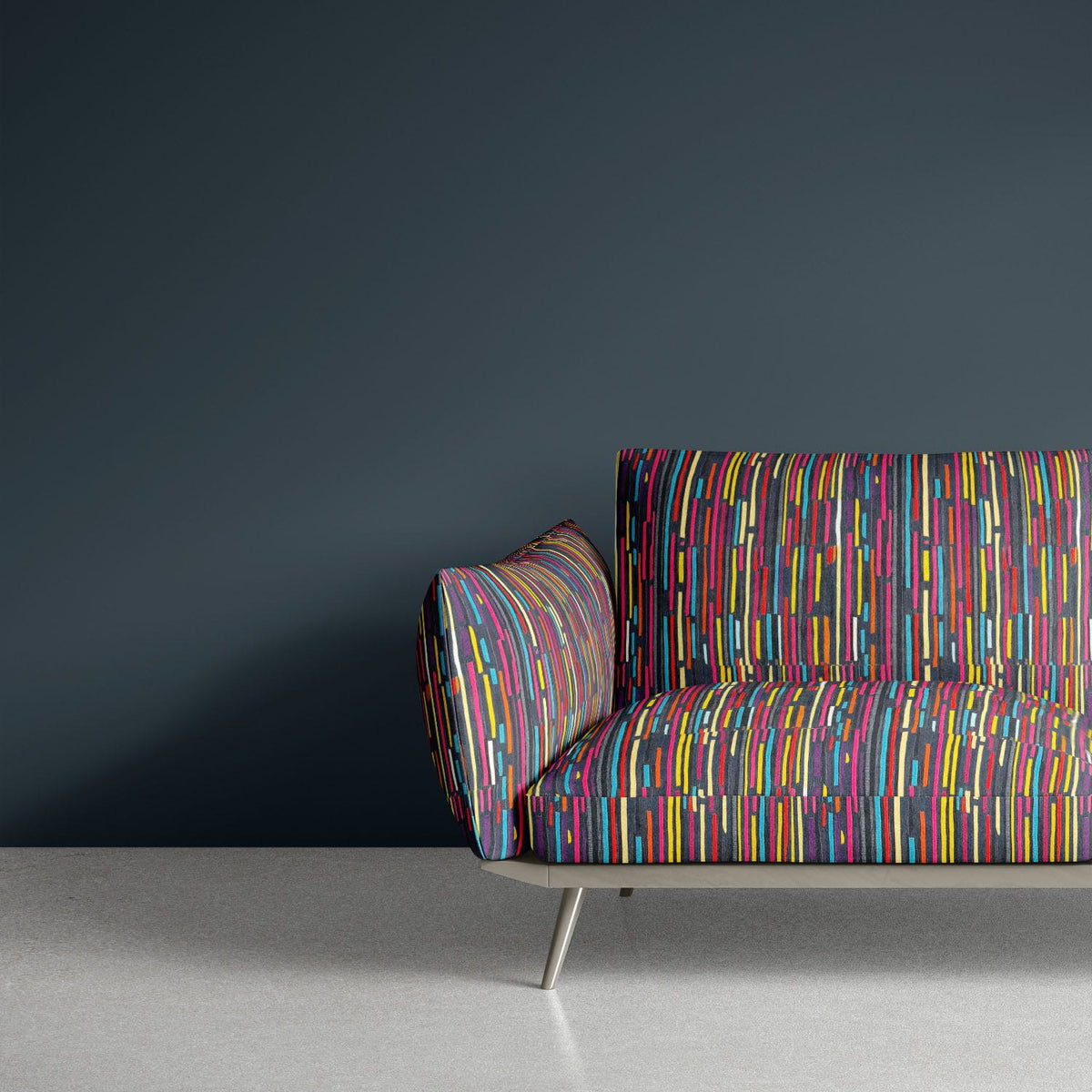 Luxury sofa upholstered in Striped No.7 bright red, blue, yellow, peach and violet painterly stripe Crib5 printed velvet