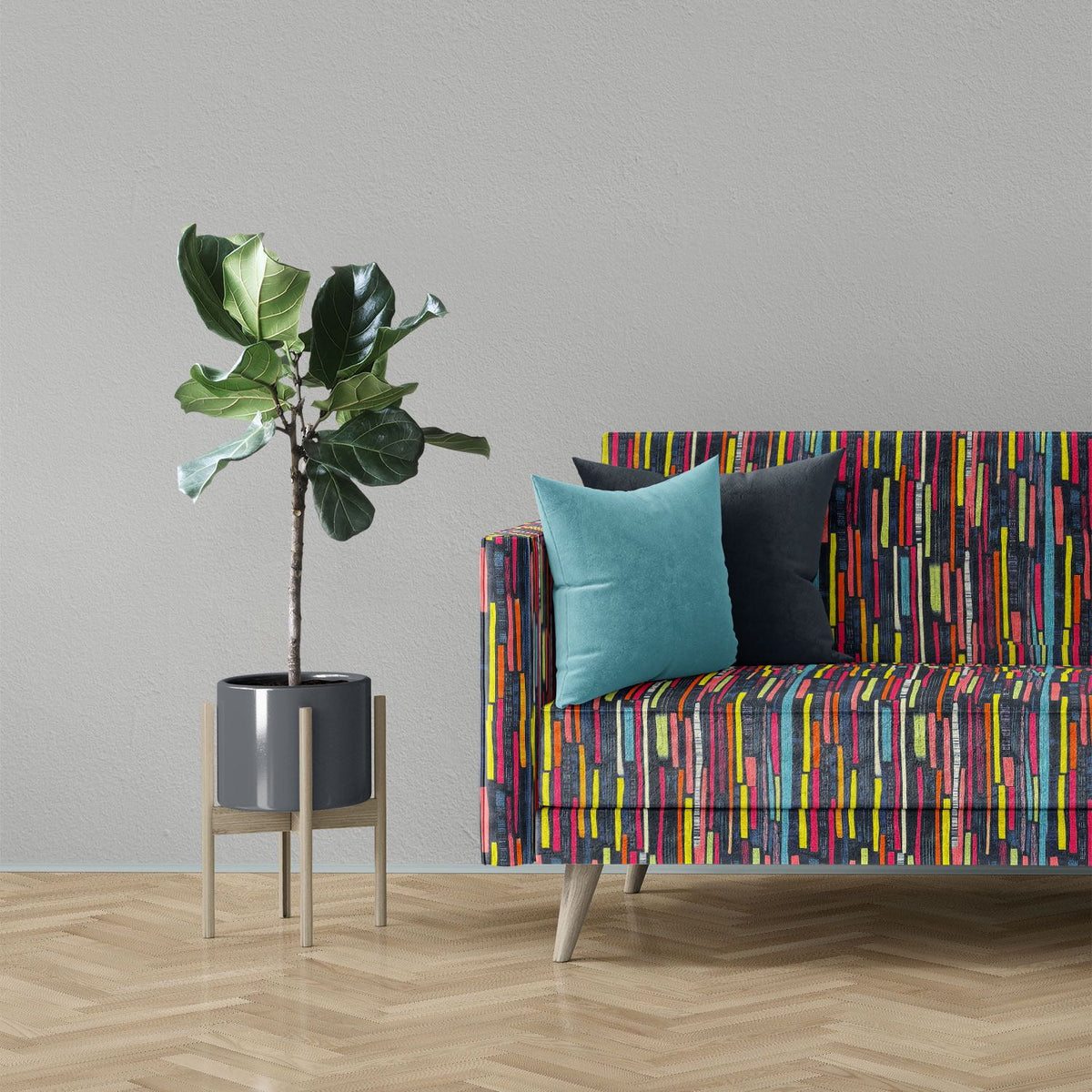 Luxury sofa upholstered in Striped No.8 scarlet, yellow, orange, aqua and violet brushstroke stripe Crib5 printed velvet