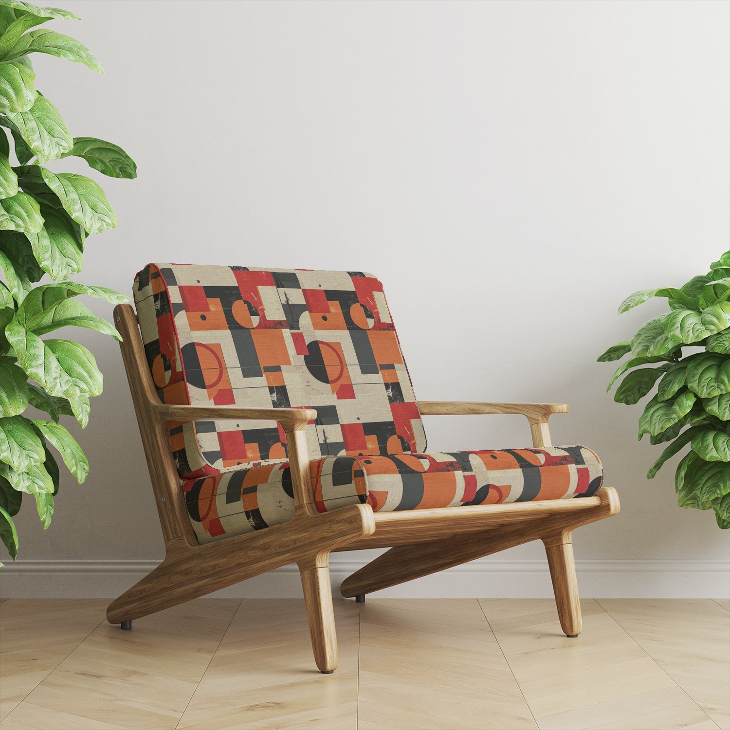 Accent chair upholstered in black and orange modern abstract fabric