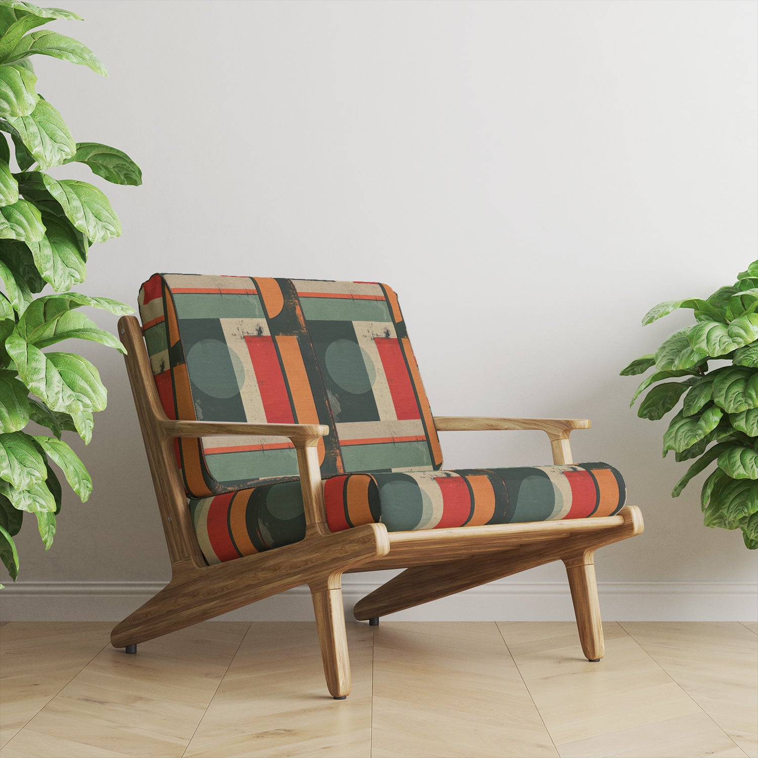 Modern sofa upholstered in teal and rust vintage abstract fabric