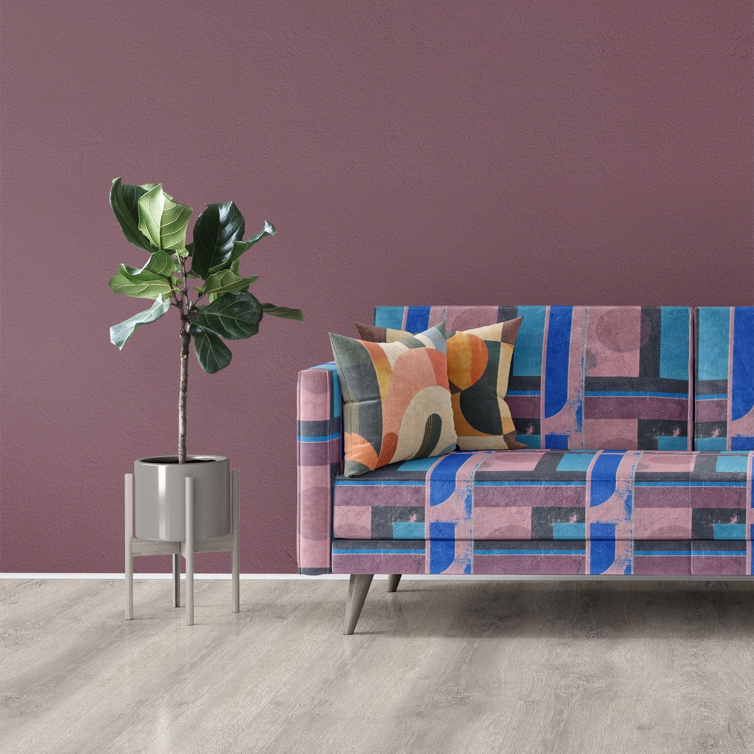 Modern sofa upholstered in Symbolic No.18 abstract geometric upholstery fabric