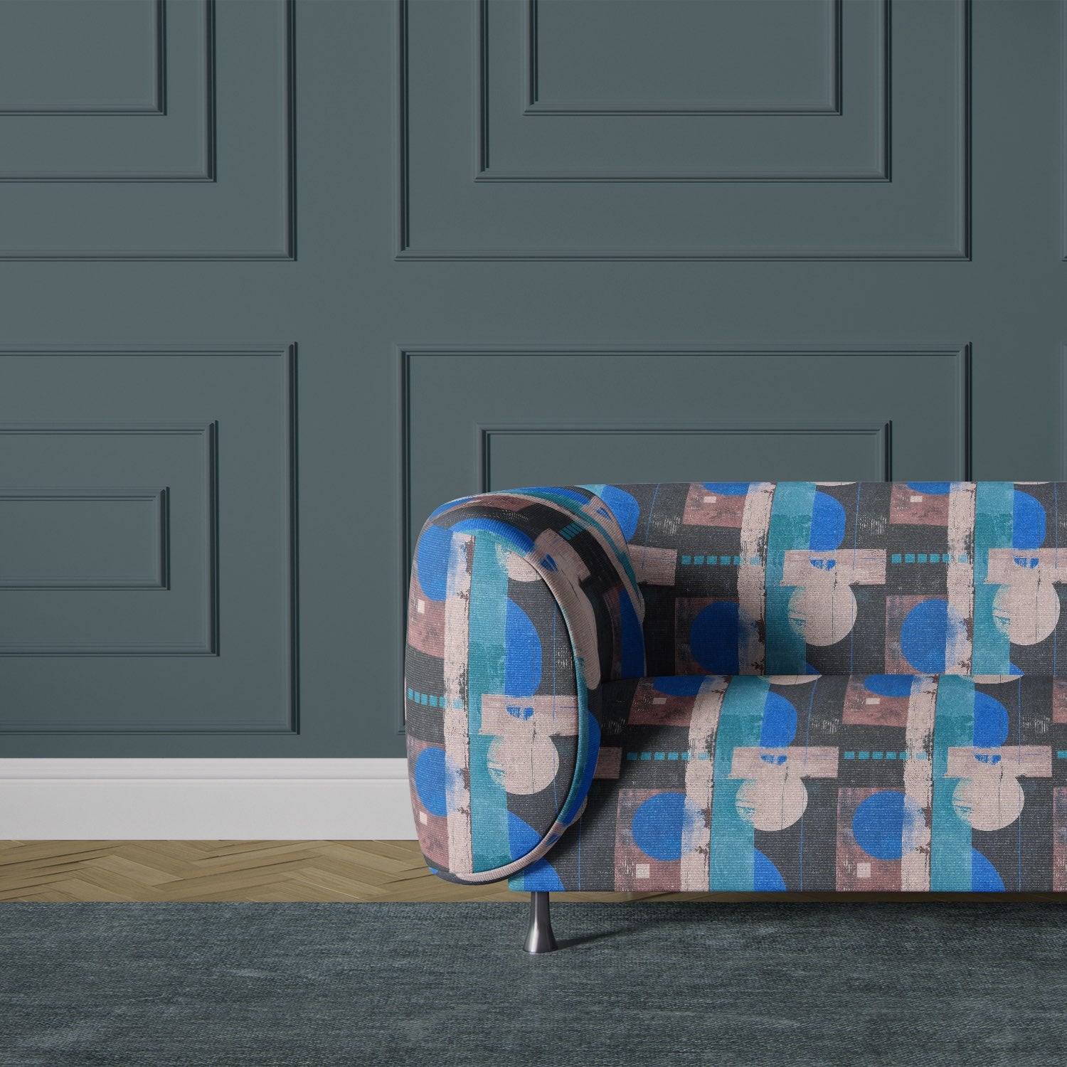 Symbolic No.19 geometric abstract blue and mauve patterned upholstery fabric on sofa