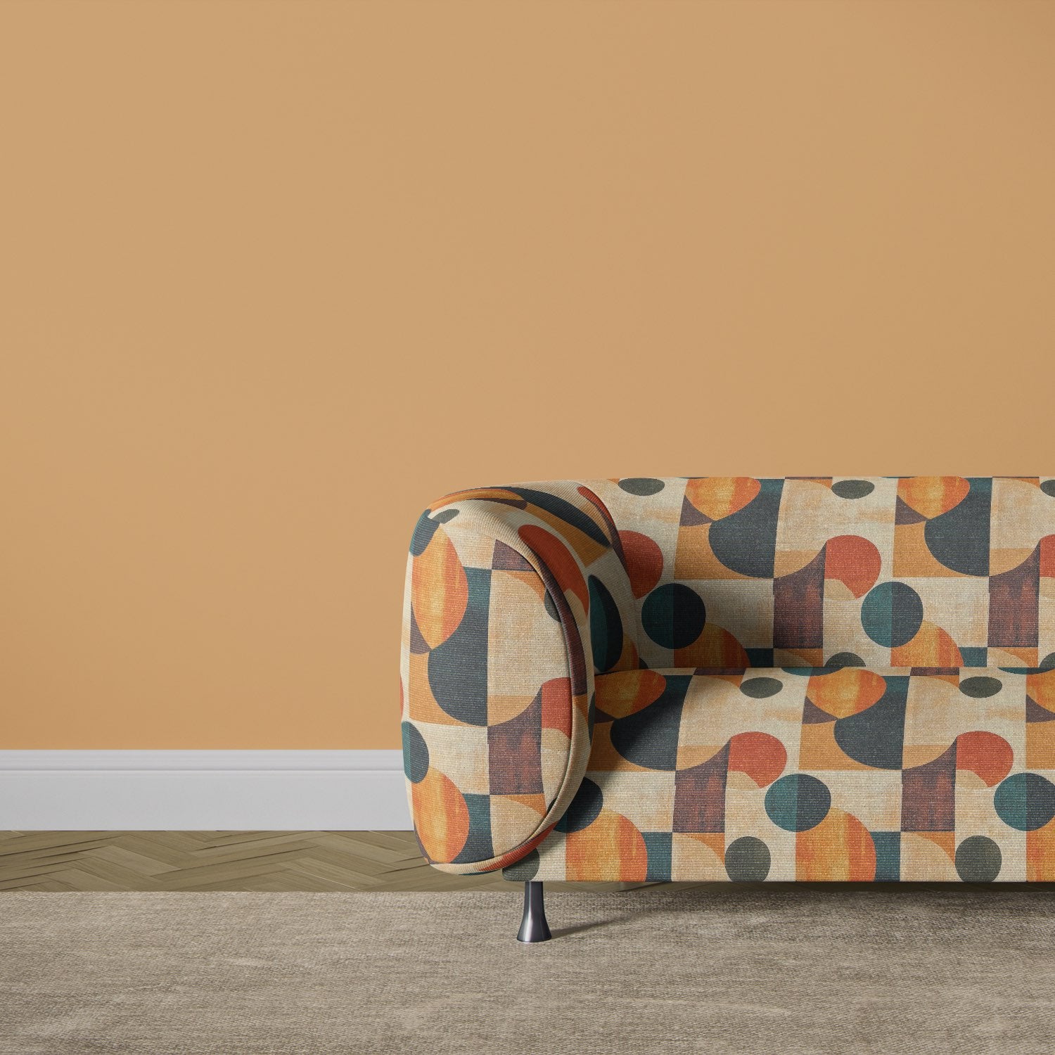 Sofa upholstered in Symbolic No.23 abstract geometric upholstery fabric.