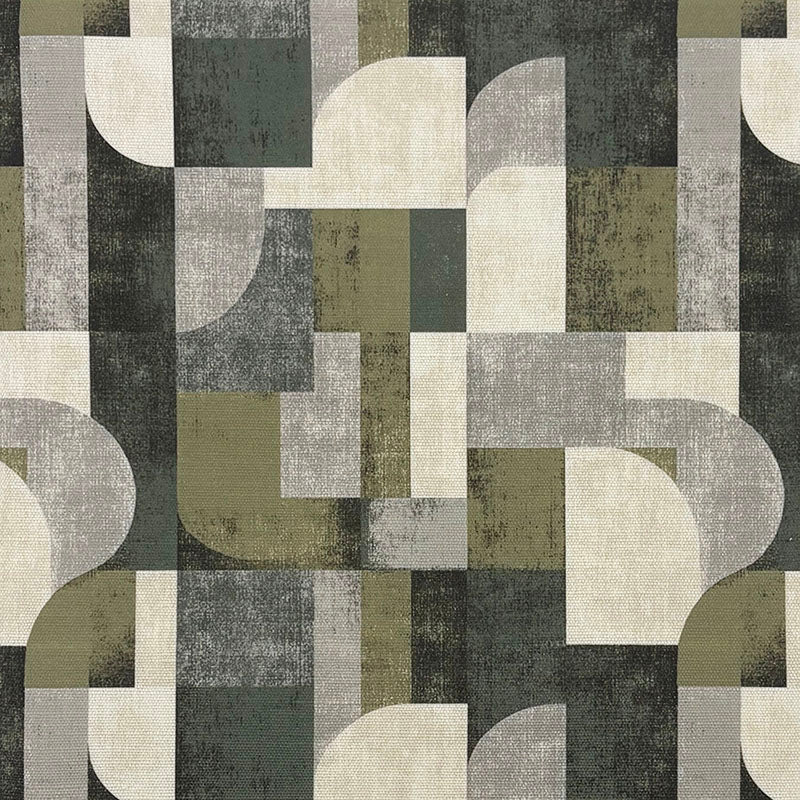 green upholstery fabric Texture No.12 with geometric arch pattern in olive, moss and neutral tones showing layered printed texture effect