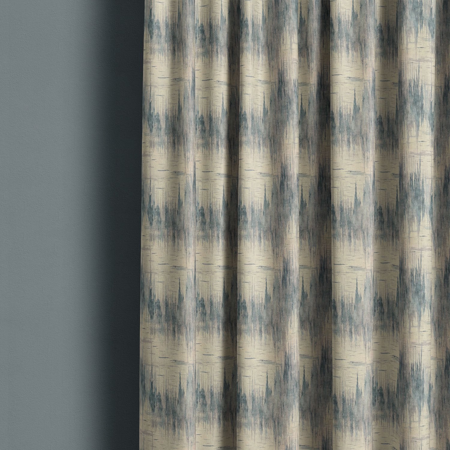 Texture No.2 blue linen curtain fabric hanging in soft folds showing flowing vertical brushstroke texture in layered blue tones