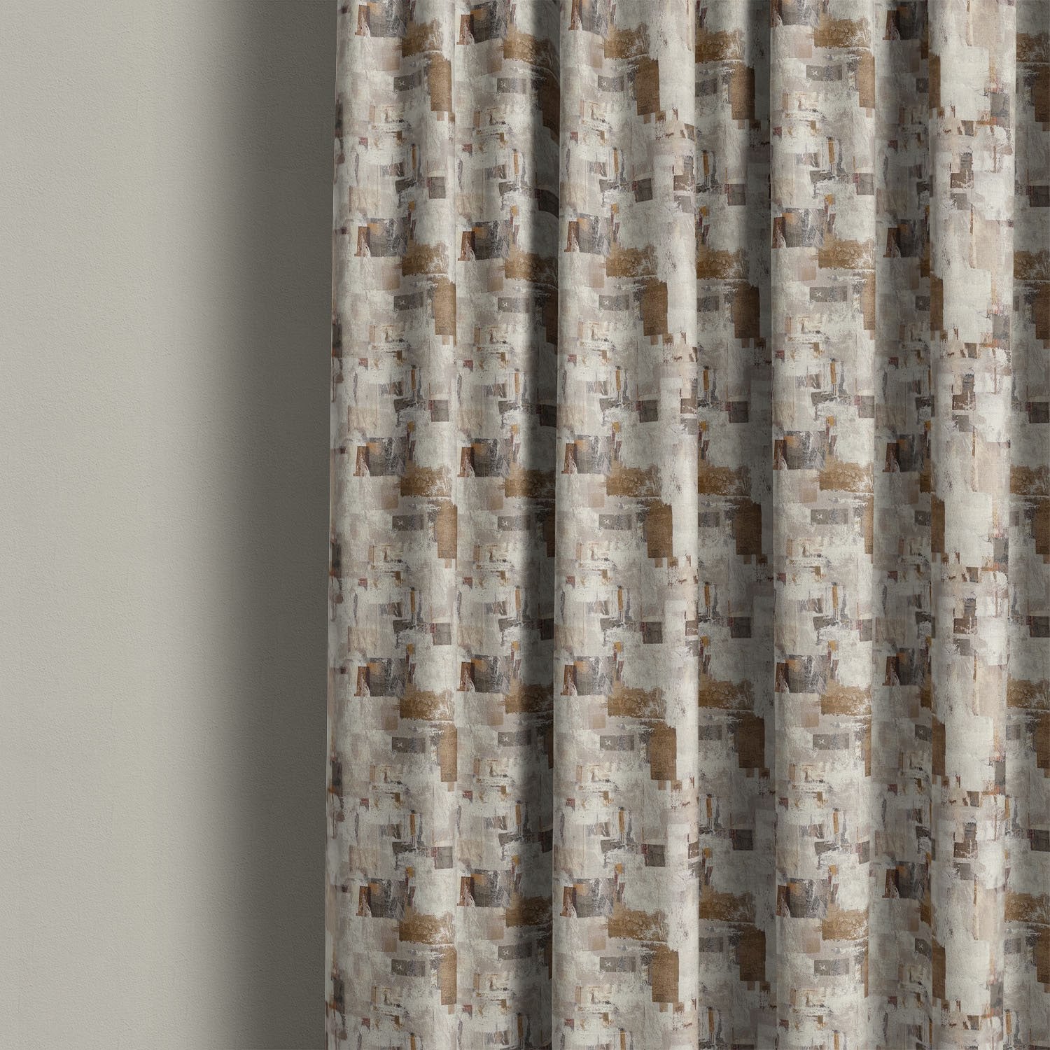 Texture No.3 brown linen curtain fabric hanging in soft folds showing warm neutral abstract patchwork design with textured detailing