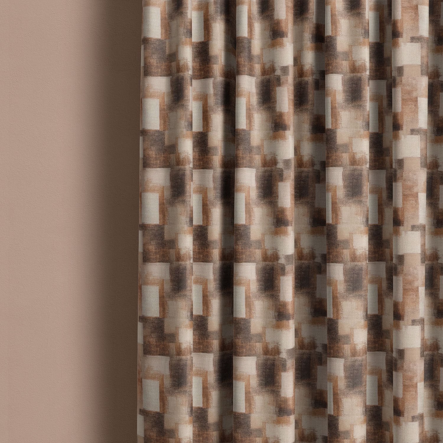 Texture No.5 brown linen curtain fabric hanging in folds showing rich tonal abstract geometric pattern in warm neutral shades