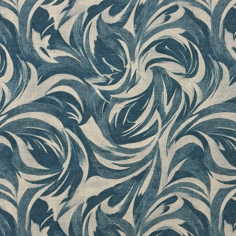 blue linen curtain fabric Texture No.6 with flowing abstract leaf-like pattern in dusty blue and slate tones on natural linen base