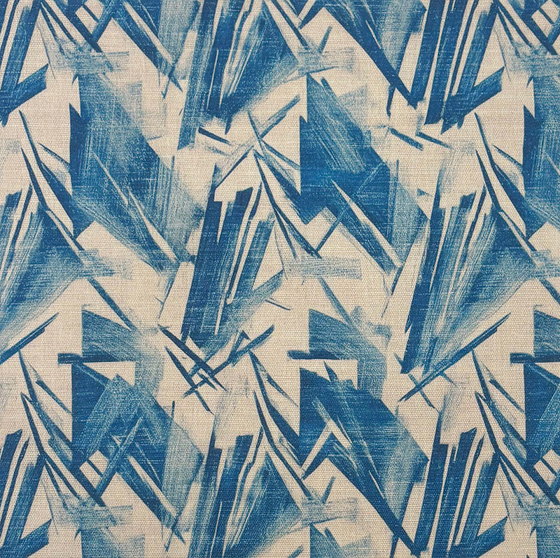 blue upholstery fabric Texture No.7 with angular abstract brushstroke design in cobalt and sky blue tones on linen effect background