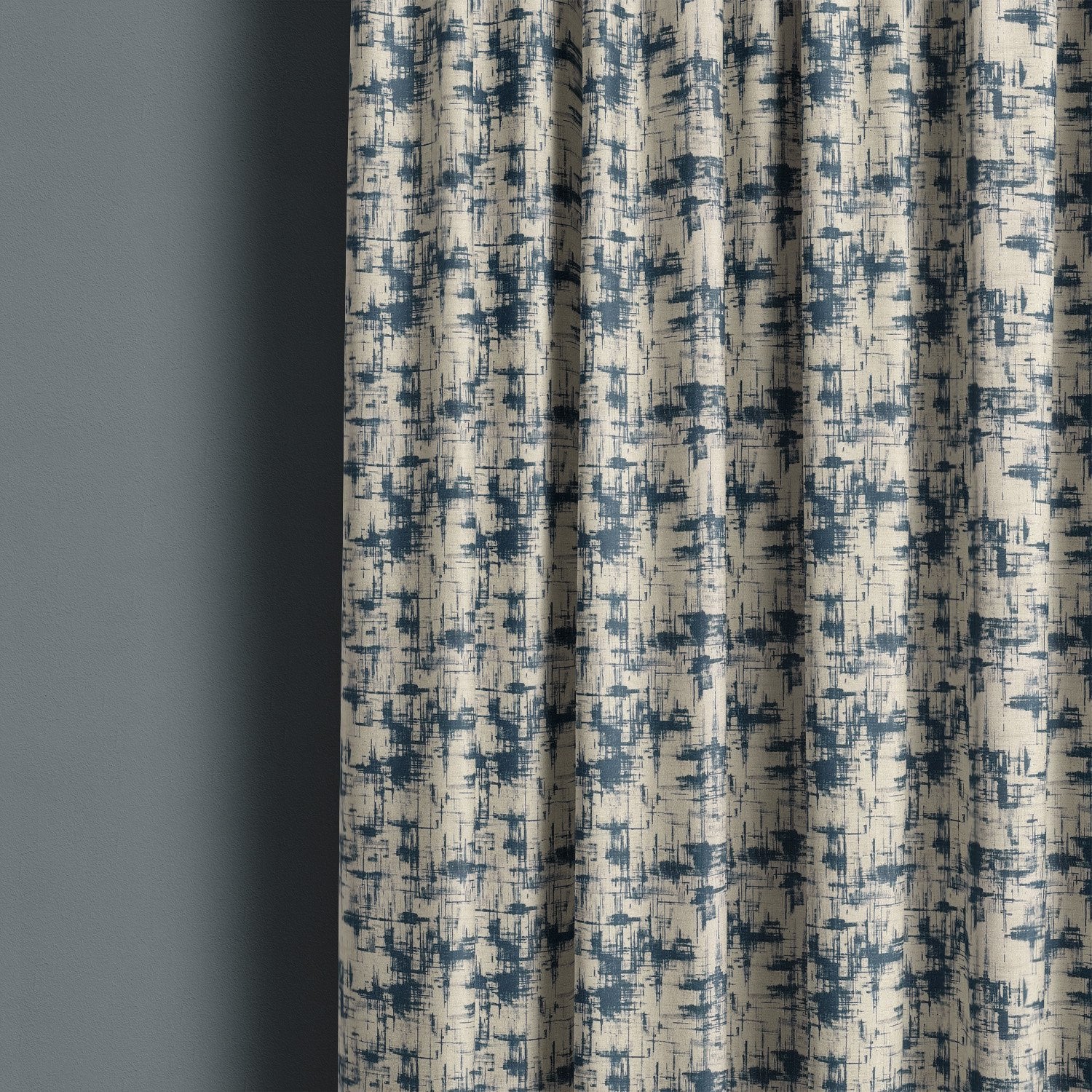 blue linen curtain fabric Texture No.8 featuring structured crosshatch pattern with layered navy and slate blue linear detailing
