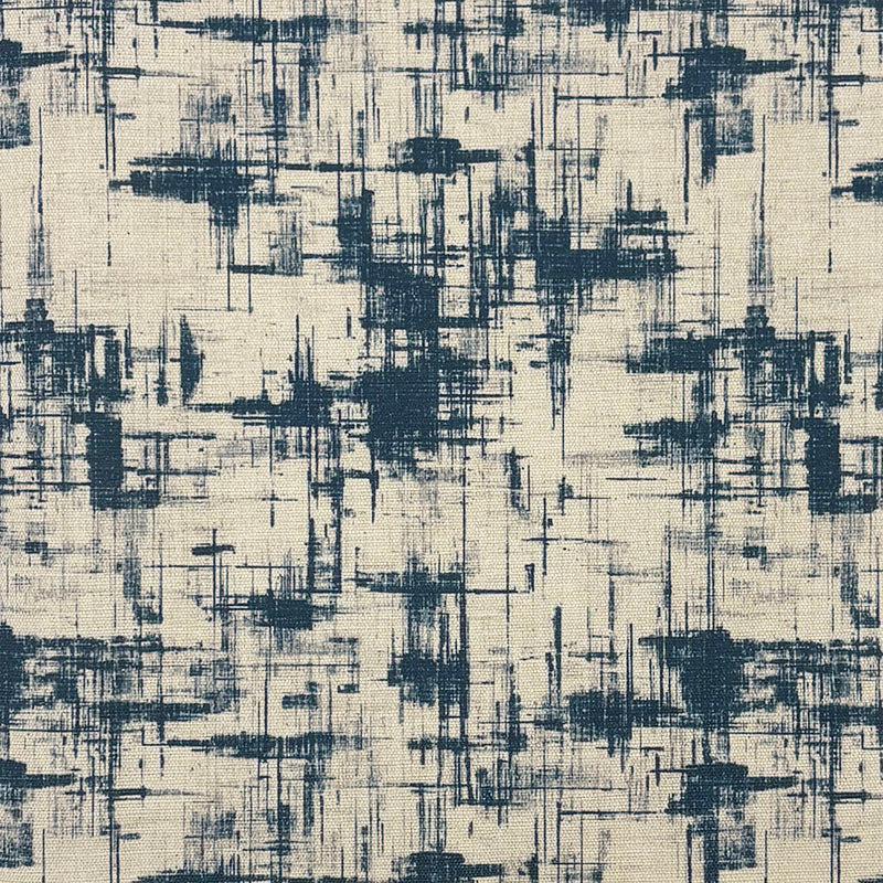 blue upholstery fabric Texture No.8 with fine linear abstract pattern in navy blue on natural linen effect background printed fabric