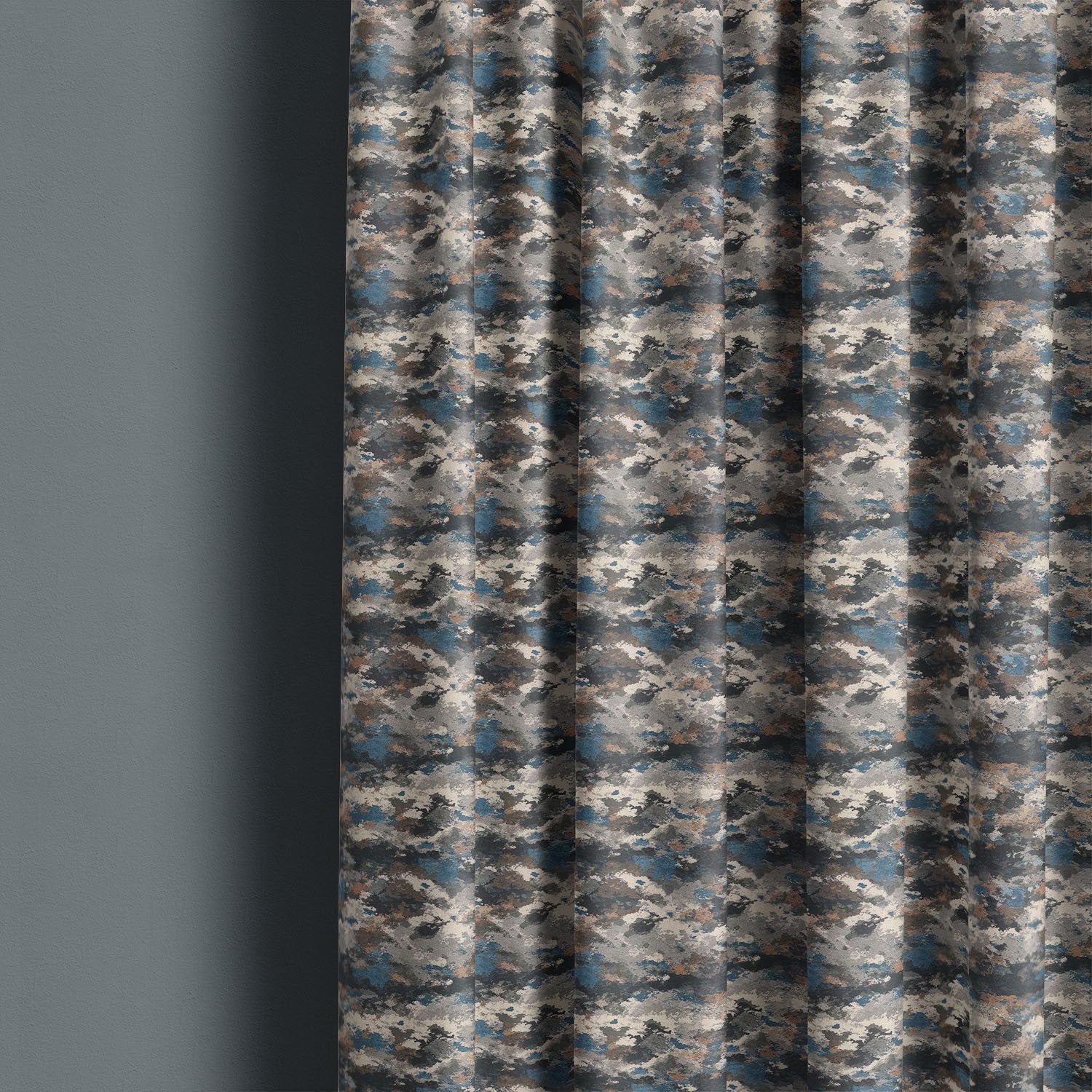 Texture No.9 blue linen curtain fabric hanging in soft folds showing organic textured design with blended blue and neutral tones