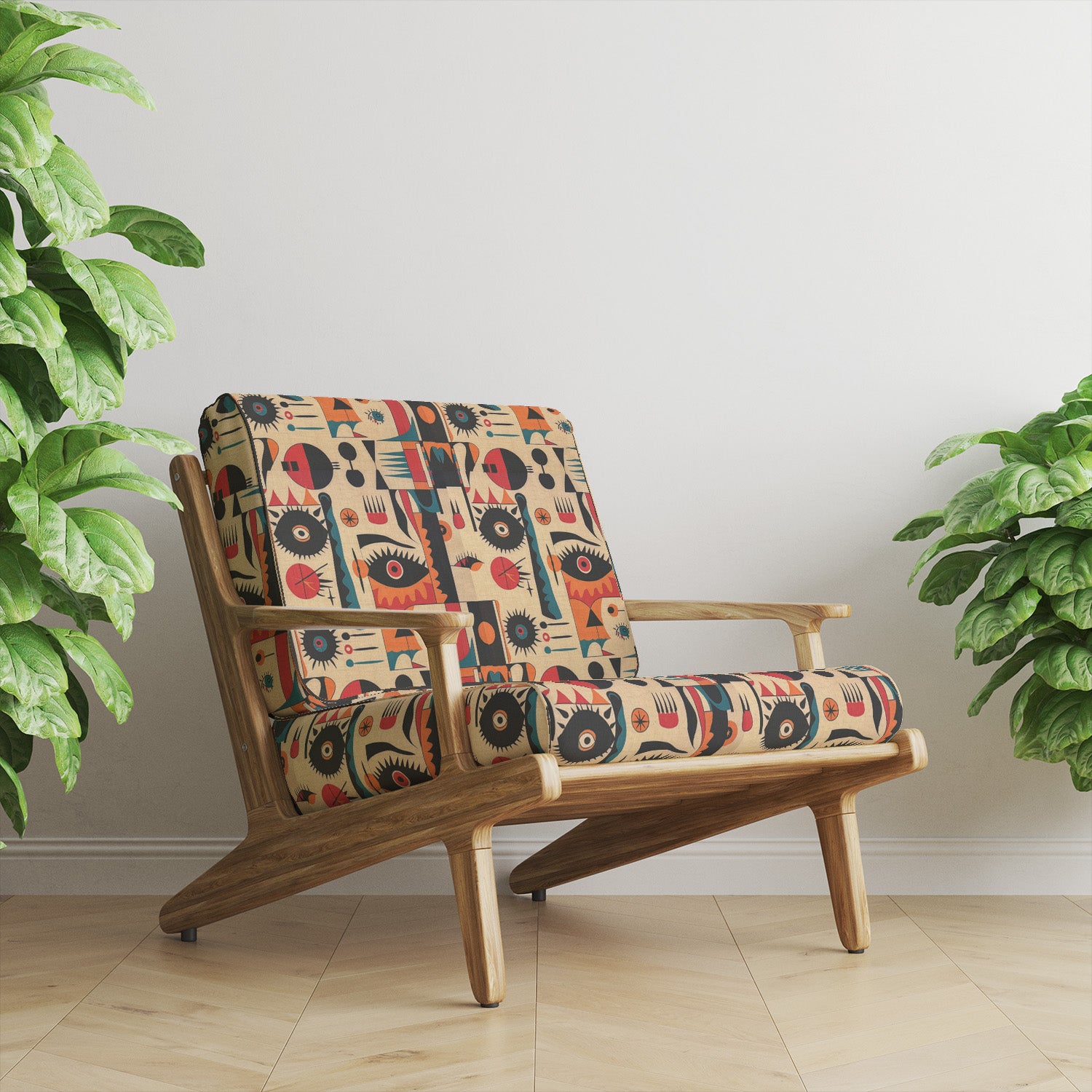 Upholstered shell chair in tribal-style fabric with abstract symbols