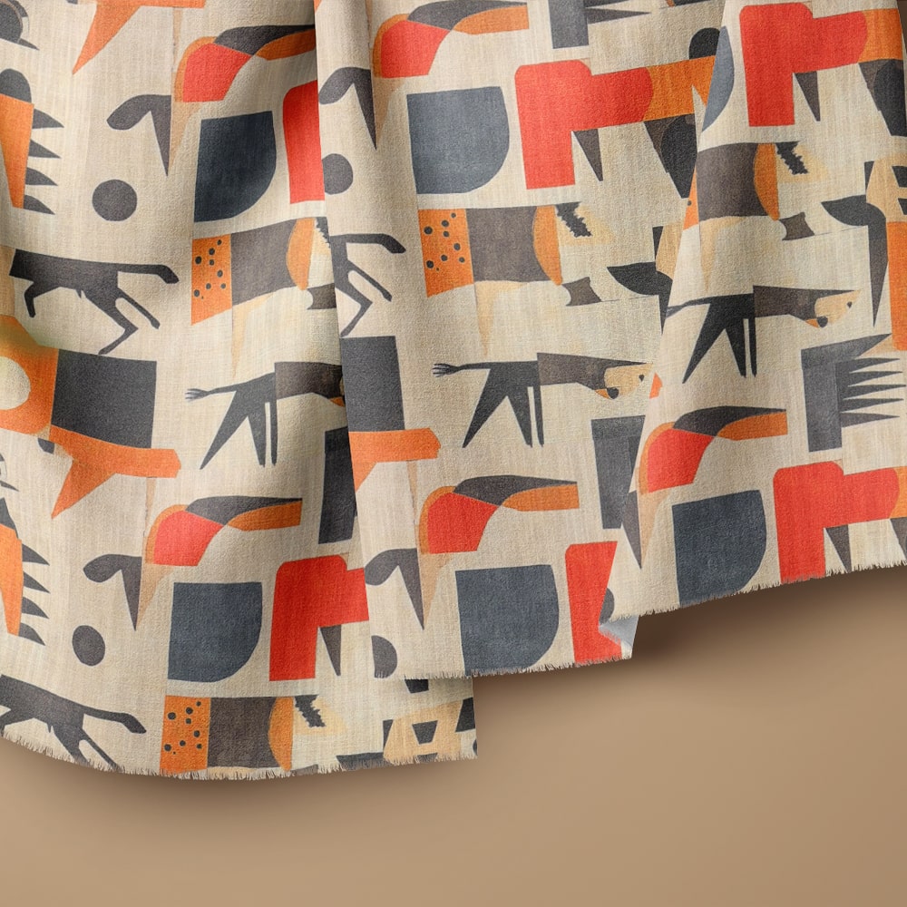  Upholstery fabric styled as curtains with tribal beige and charcoal design