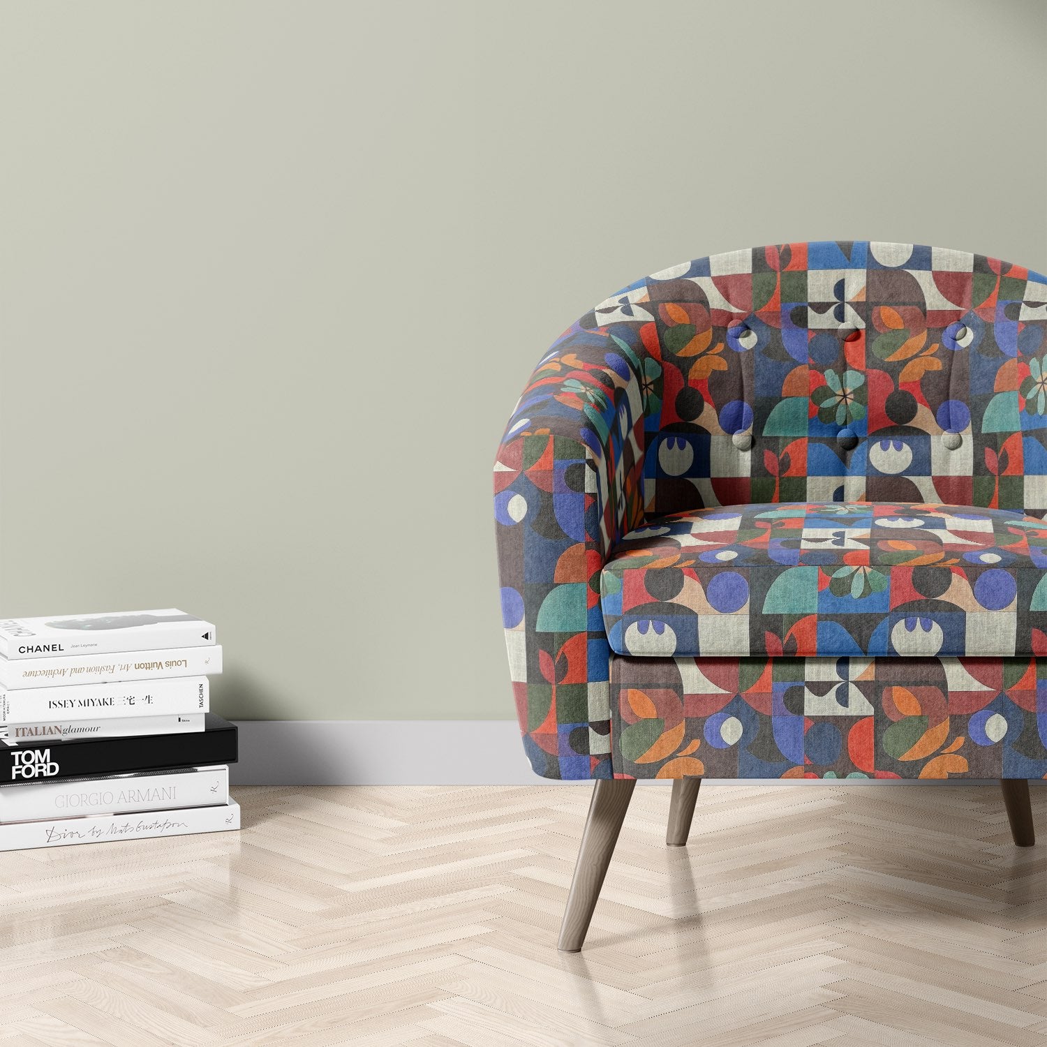 Tulpan No.10 upholstery fabric – chair with floral and geometric pattern in vibrant colours