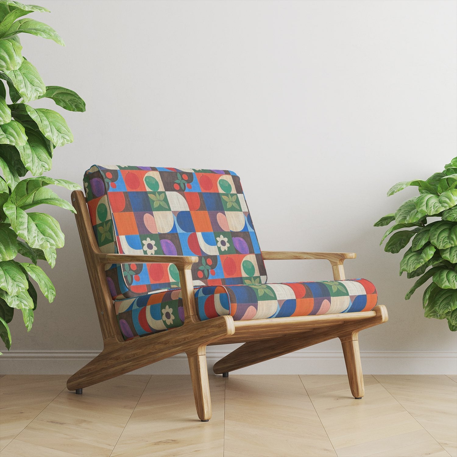 Tulpan No.11 multicoloured floral upholstery fabric on modern wooden chair – in-situ roomset